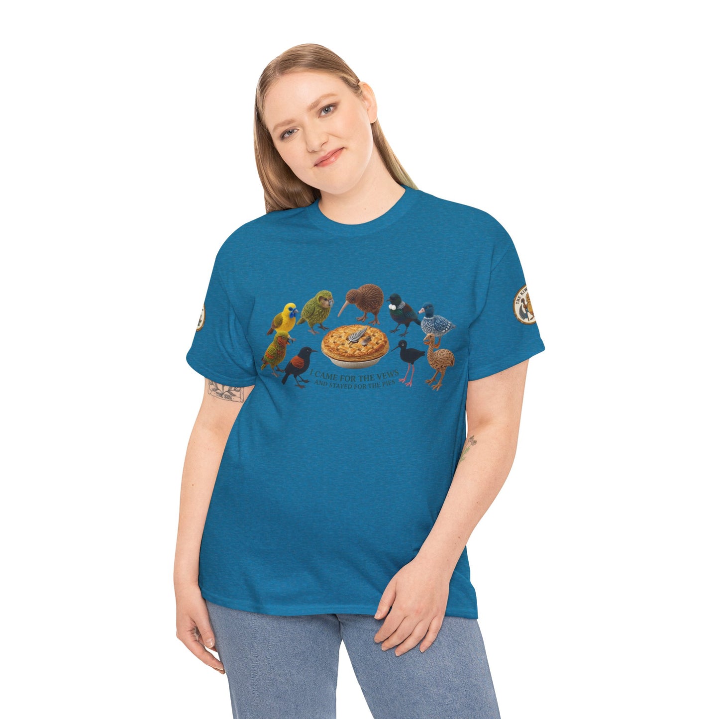 Blue crewneck graphic T-shirt with bird-and-pizza artwork across the chest