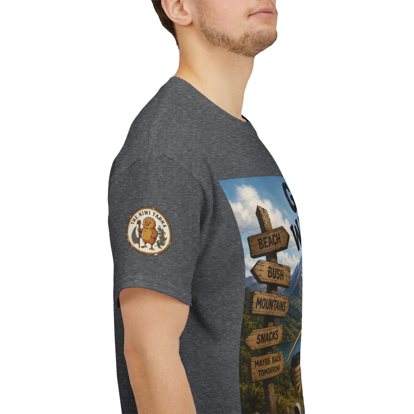 Heather gray T-shirt with kiwi logo patch on sleeve and side graphic panel