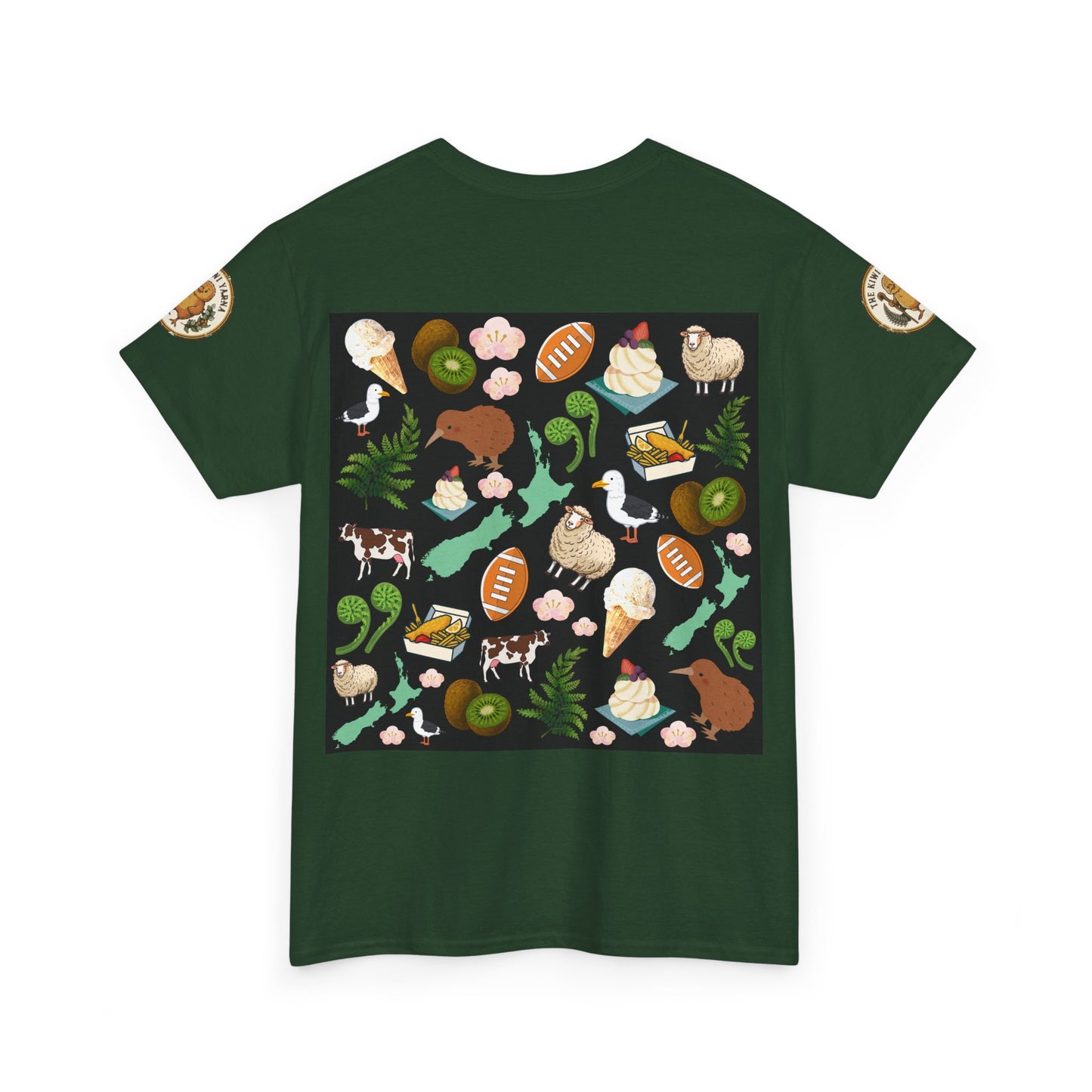 Dark green crew-neck short-sleeve T-shirt with colorful Kiwiana-style animal and plant graphic