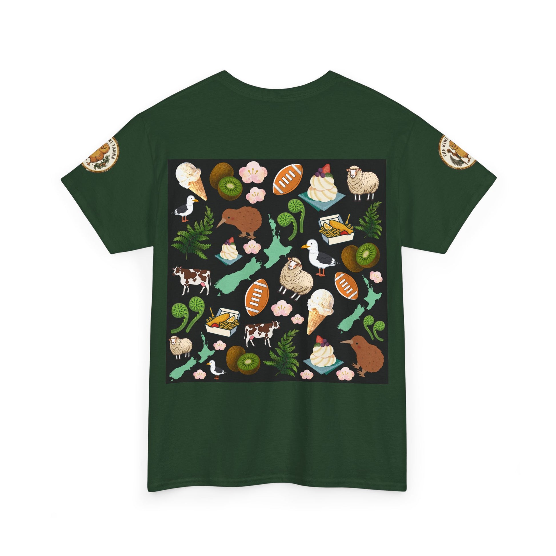 Dark green crew-neck short-sleeve T-shirt with colorful Kiwiana-style animal and plant graphic