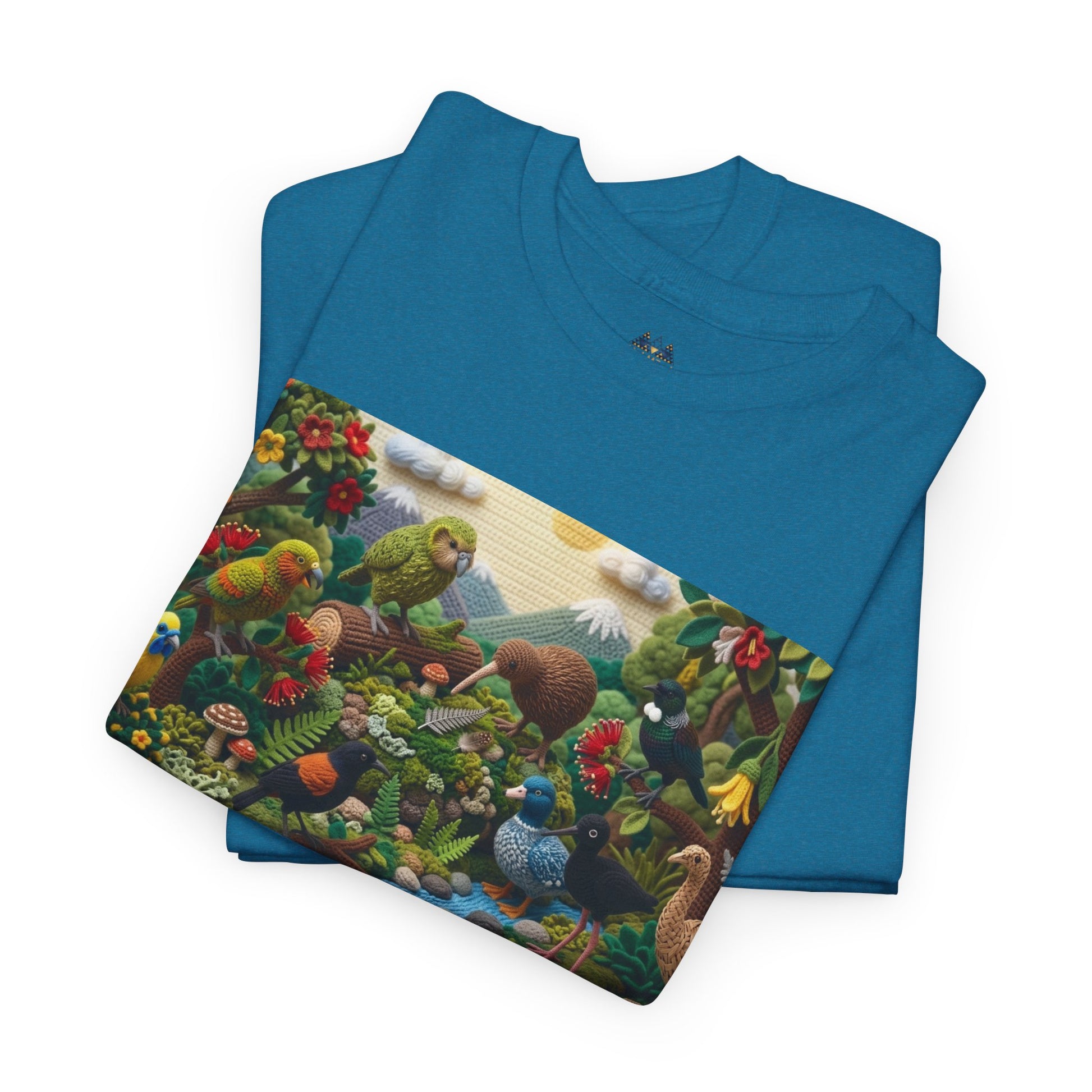 Teal crew-neck T-shirt with wide rectangular bird scene graphic across the front