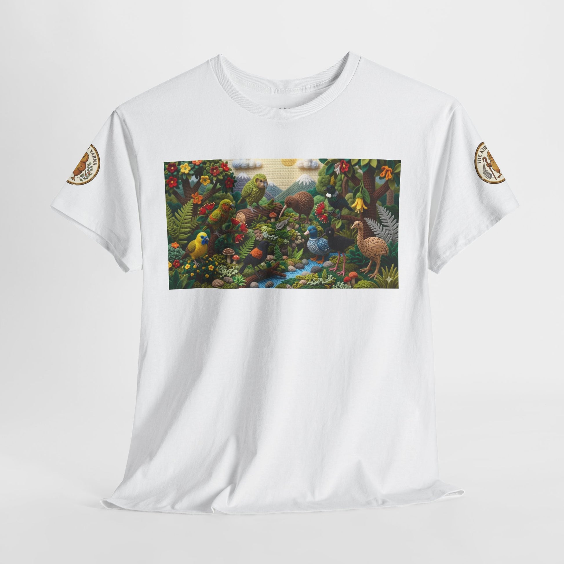 White graphic T-shirt with rectangular birds and forest scene print