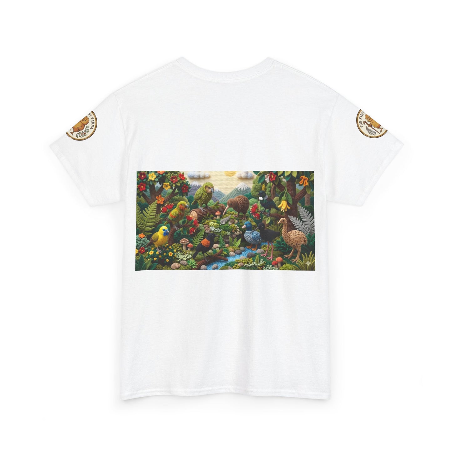 White graphic T-shirt with wide nature birds and flowers print panel across chest