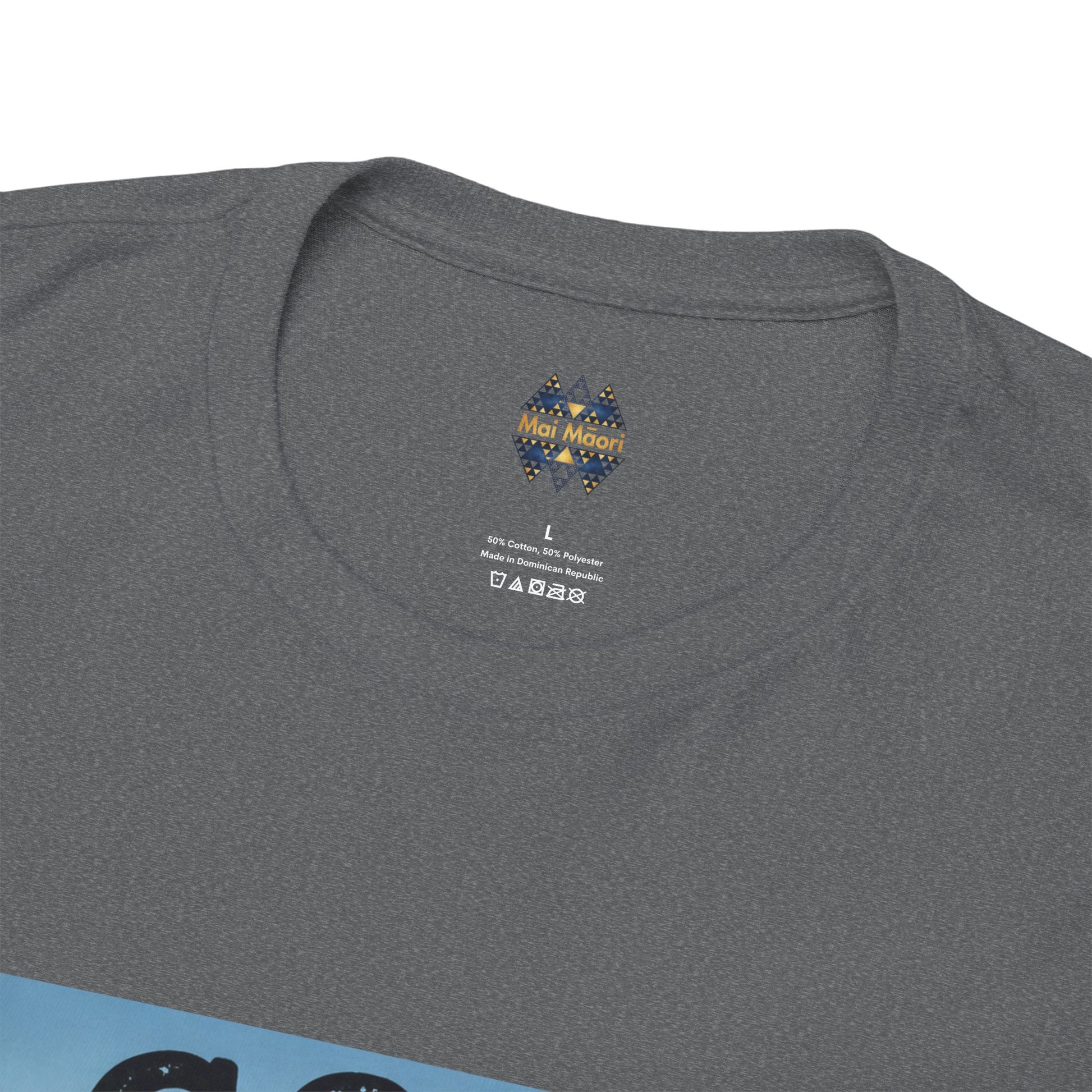 Heather gray T-shirt back with small “Maia Moa” logo near neckline