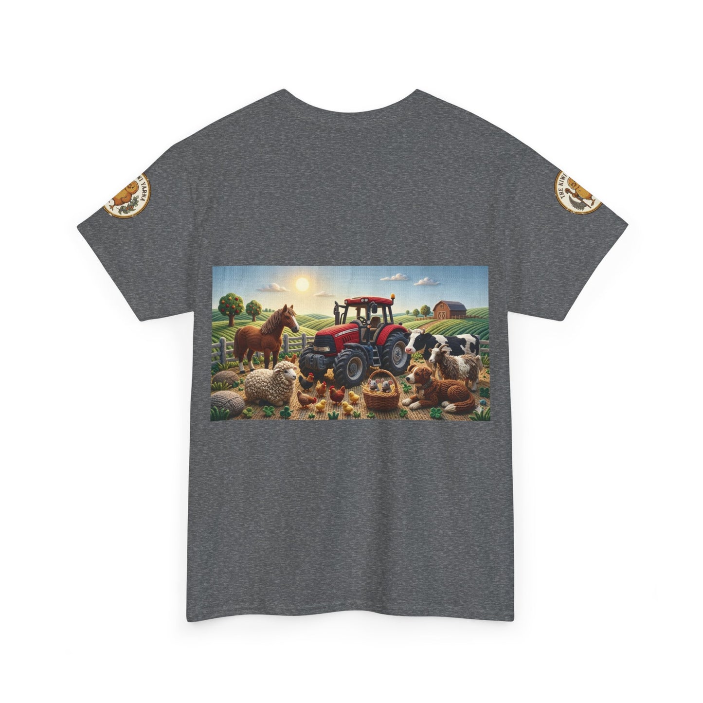 Heather gray crewneck T-shirt with farm tractor and animals graphic; sleeve logo patches