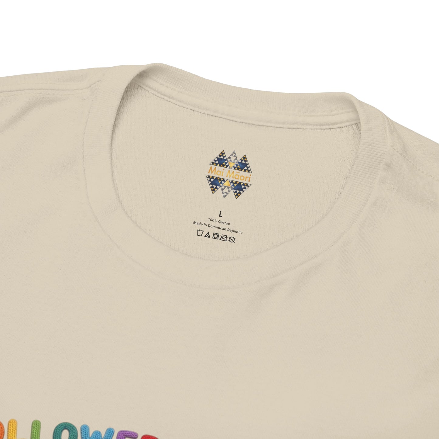 Natural sheep-themed graphic T-shirt with small brand logo at crew neck