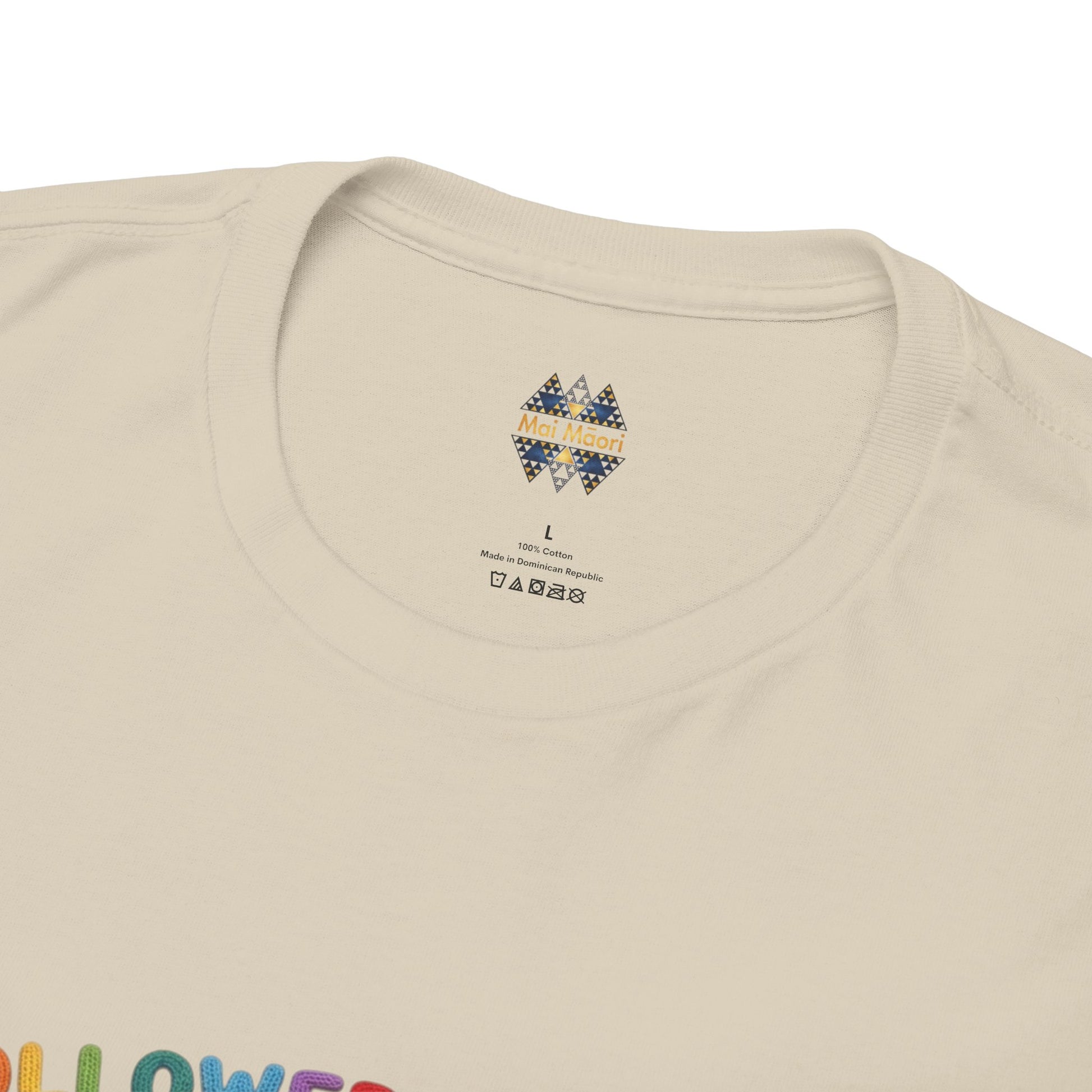 Natural sheep-themed graphic T-shirt with small brand logo at crew neck