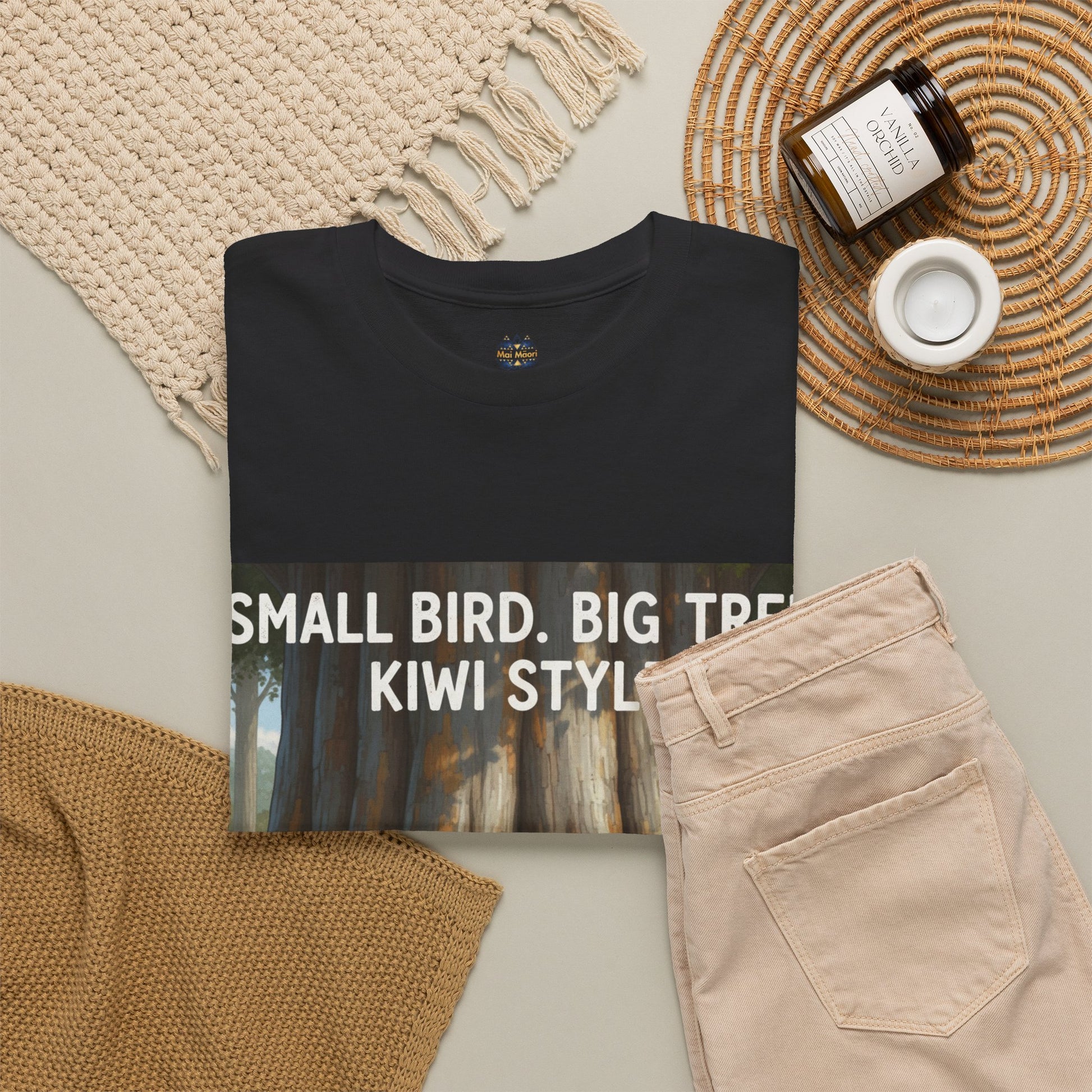 Black graphic T-shirt, crew neck, front tree-and-forest print with partial slogan text