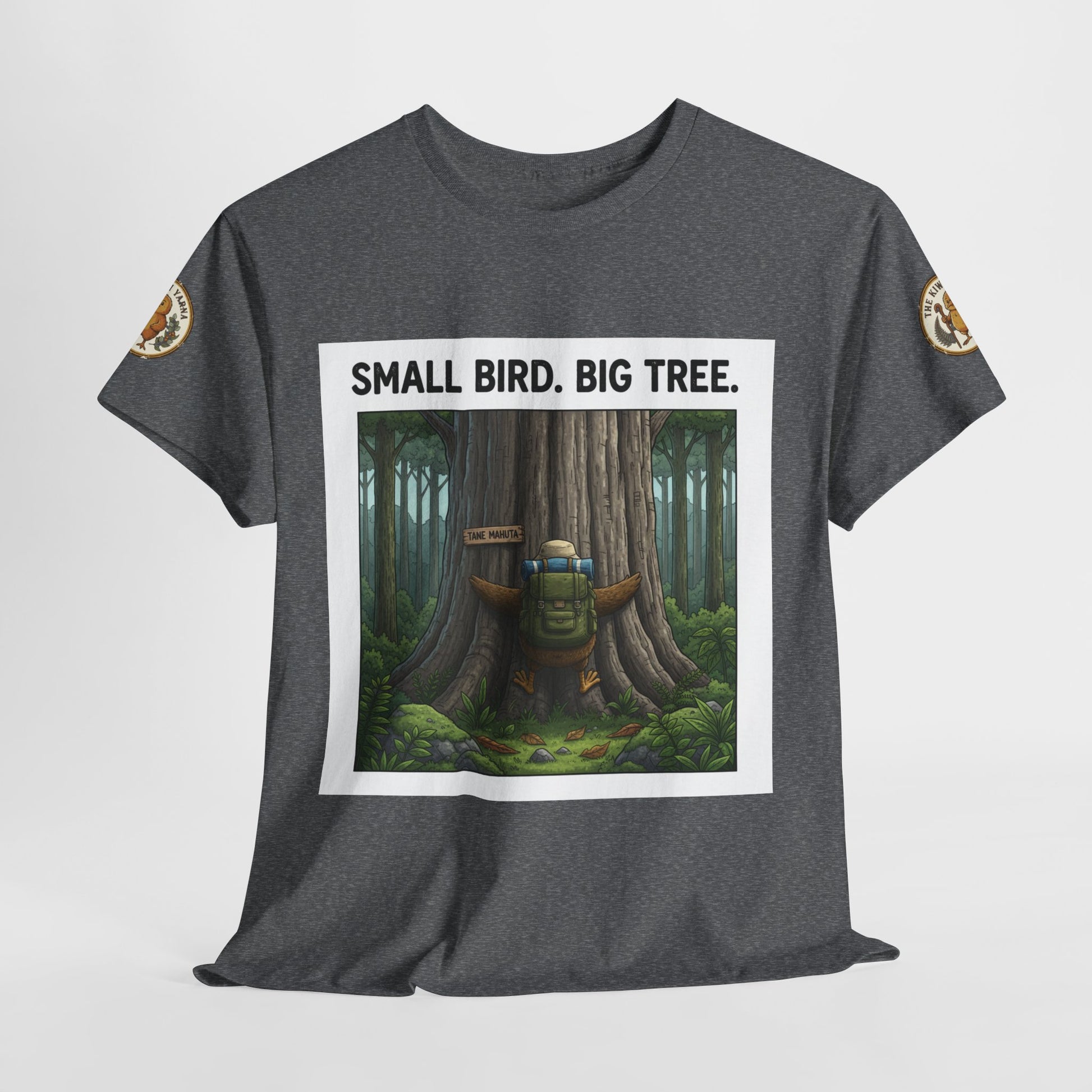 Dark gray heather T-shirt with centered 'SMALL BIRD. BIG TREE' forest print