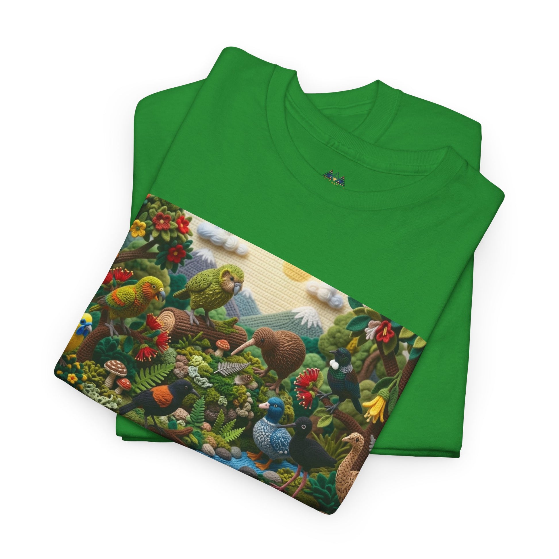 Green T-shirt with large rectangular bird and foliage graphic print across chest.