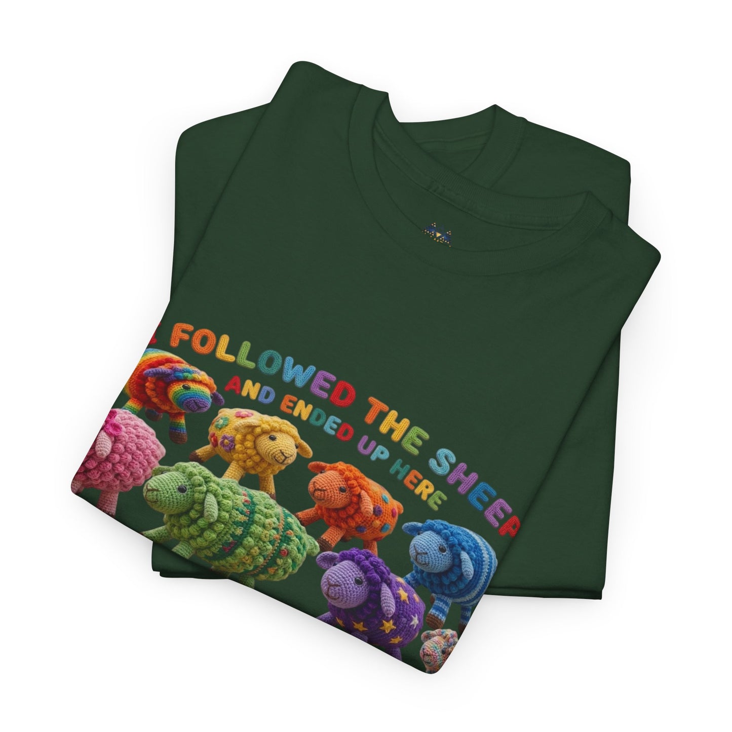 Forest green T-shirt with colorful sheep graphic on the front, folded for display