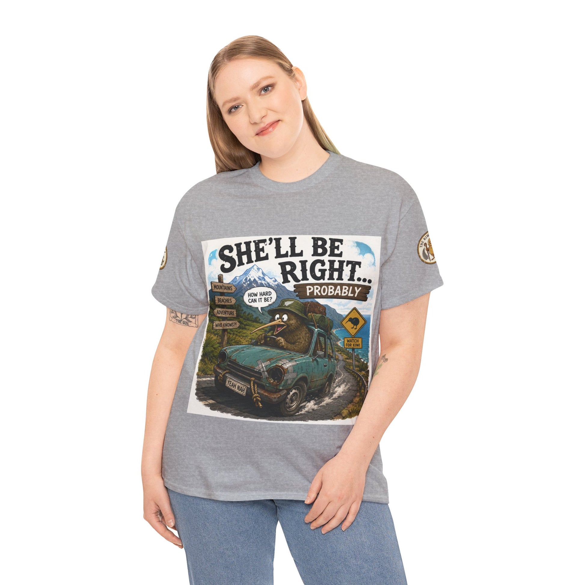 Model wearing grey T-shirt with “She’ll Be Right… Probably” front graphic