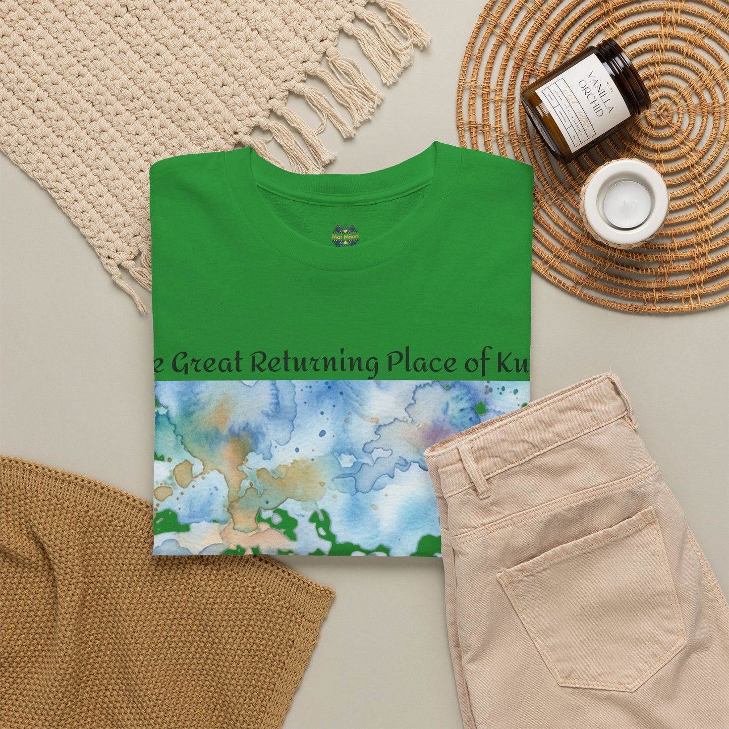 Hokianga Harbour graphic T-shirt in green with chest logo and watercolor landscape