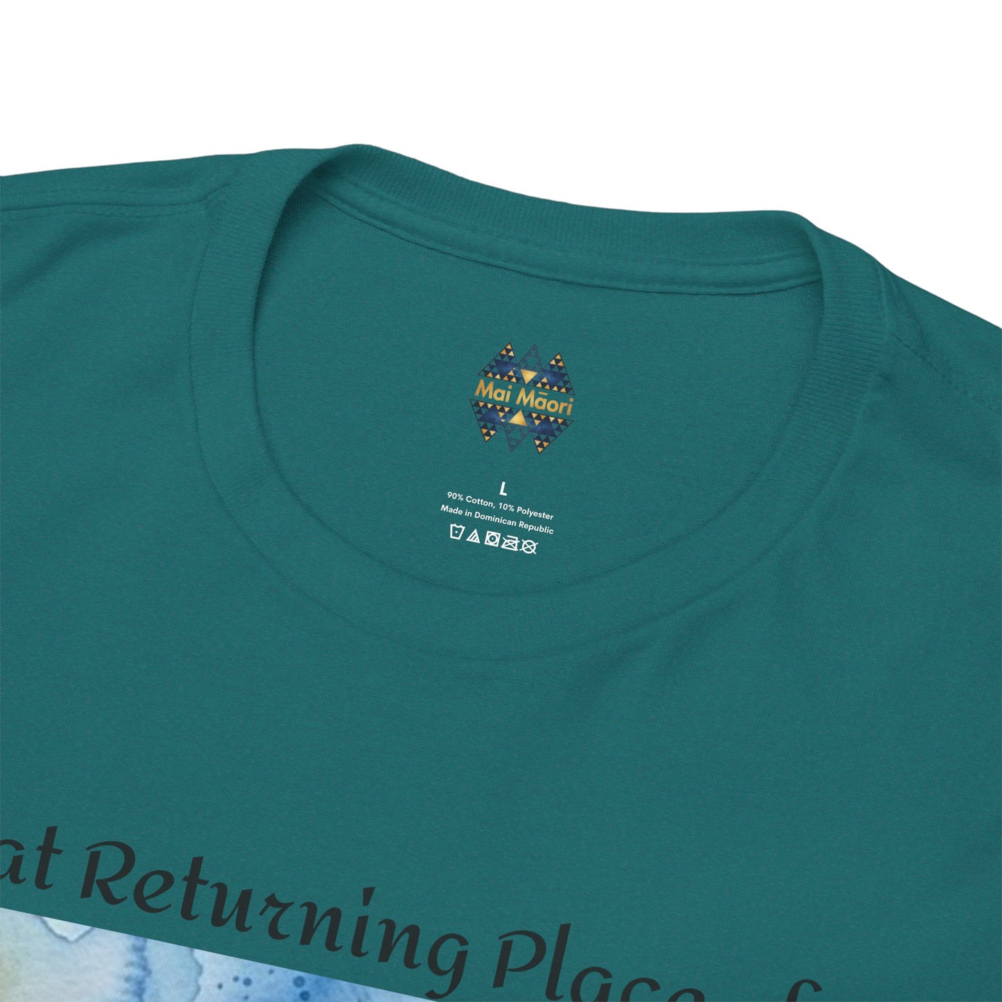 Teal T-shirt close-up of crew neck and small chest logo above partial print.