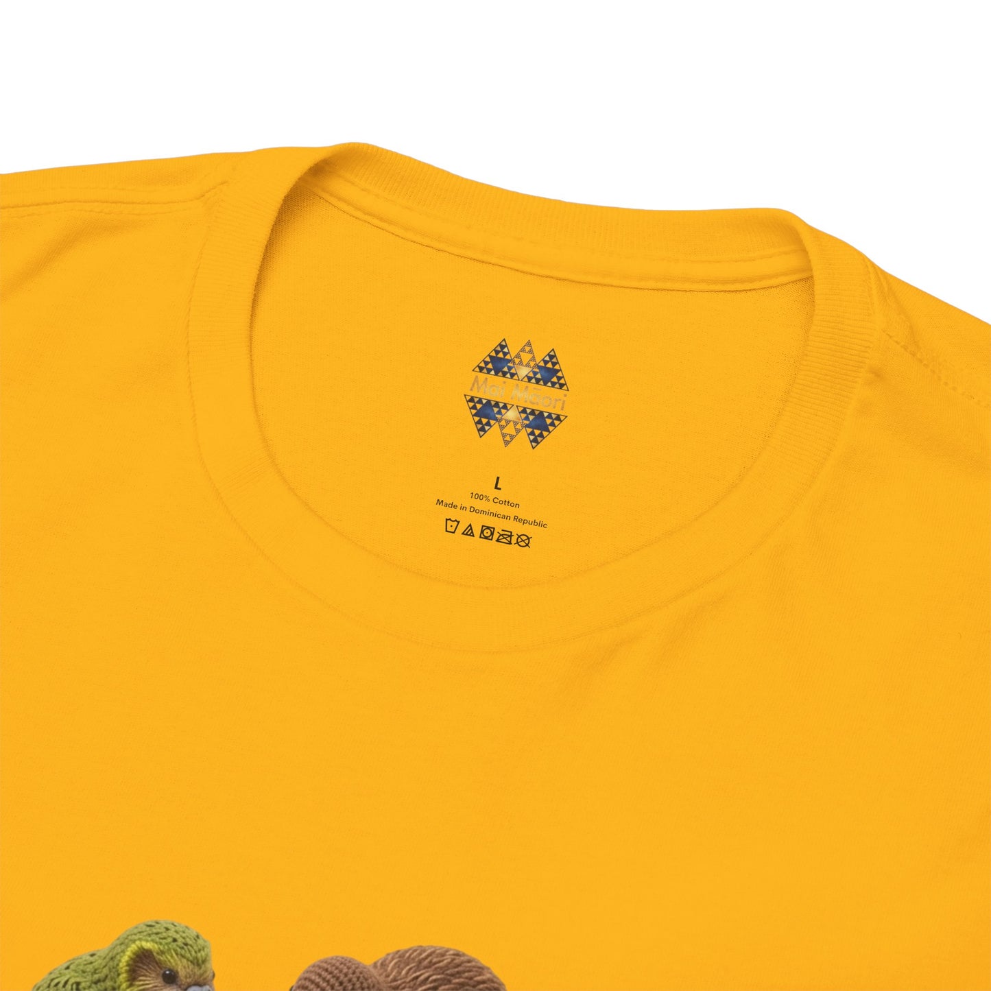 Yellow T-shirt neckline with small logo above birds and pizza graphic detail