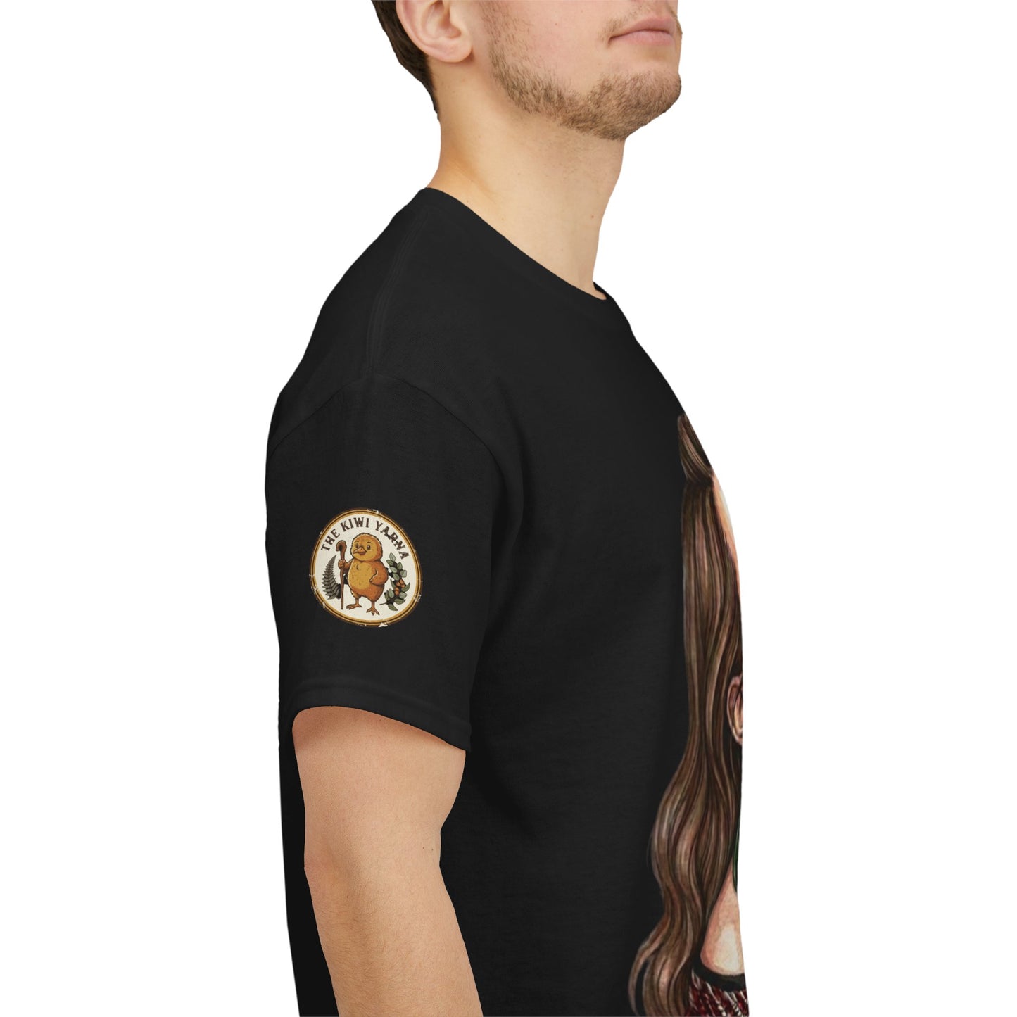 Black T-shirt side view with small circular sleeve emblem