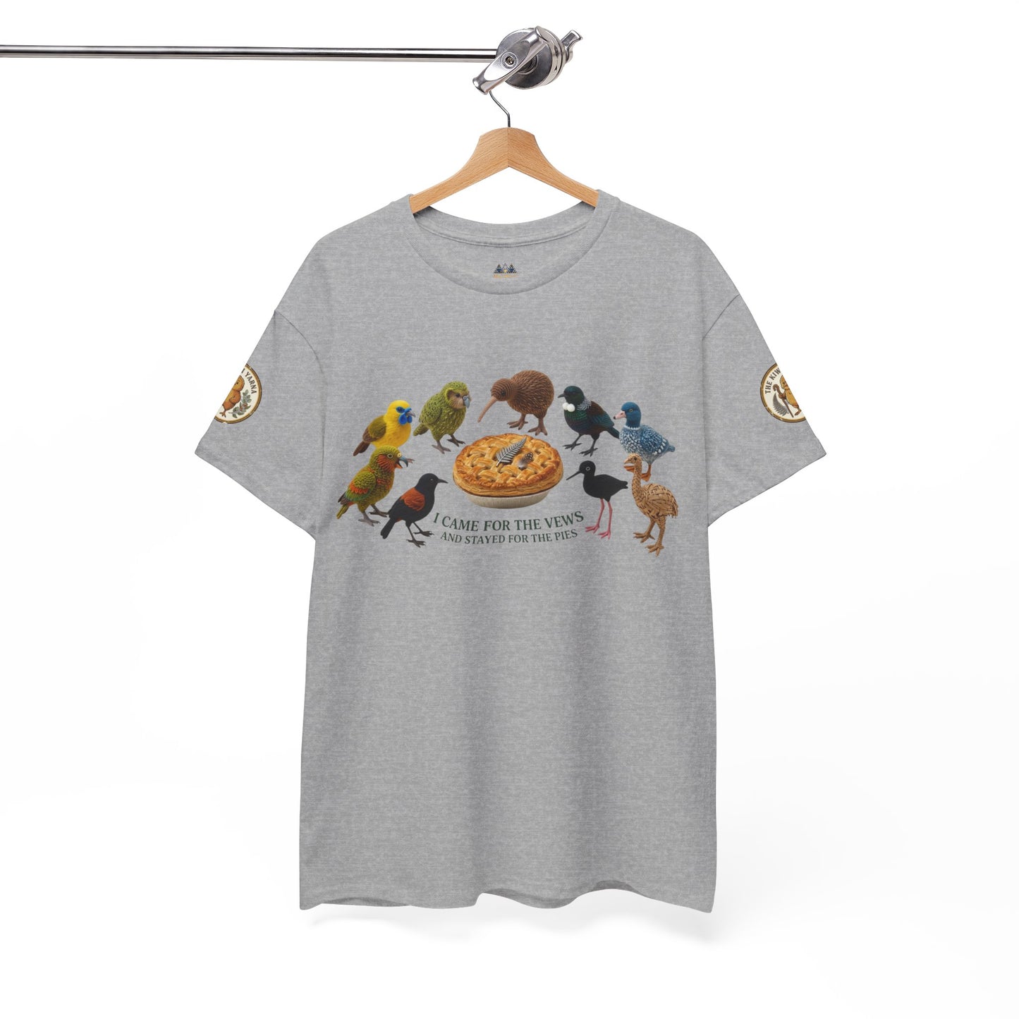 Heather gray graphic T-shirt with birds-and-pizza front print and sleeve emblem patches