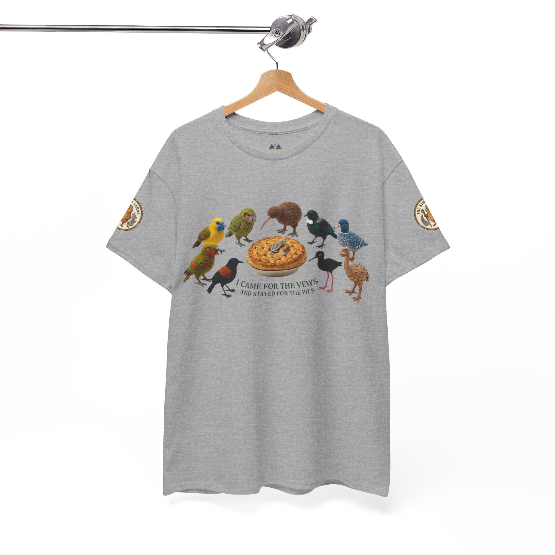 Heather gray graphic T-shirt with birds-and-pizza front print and sleeve emblem patches