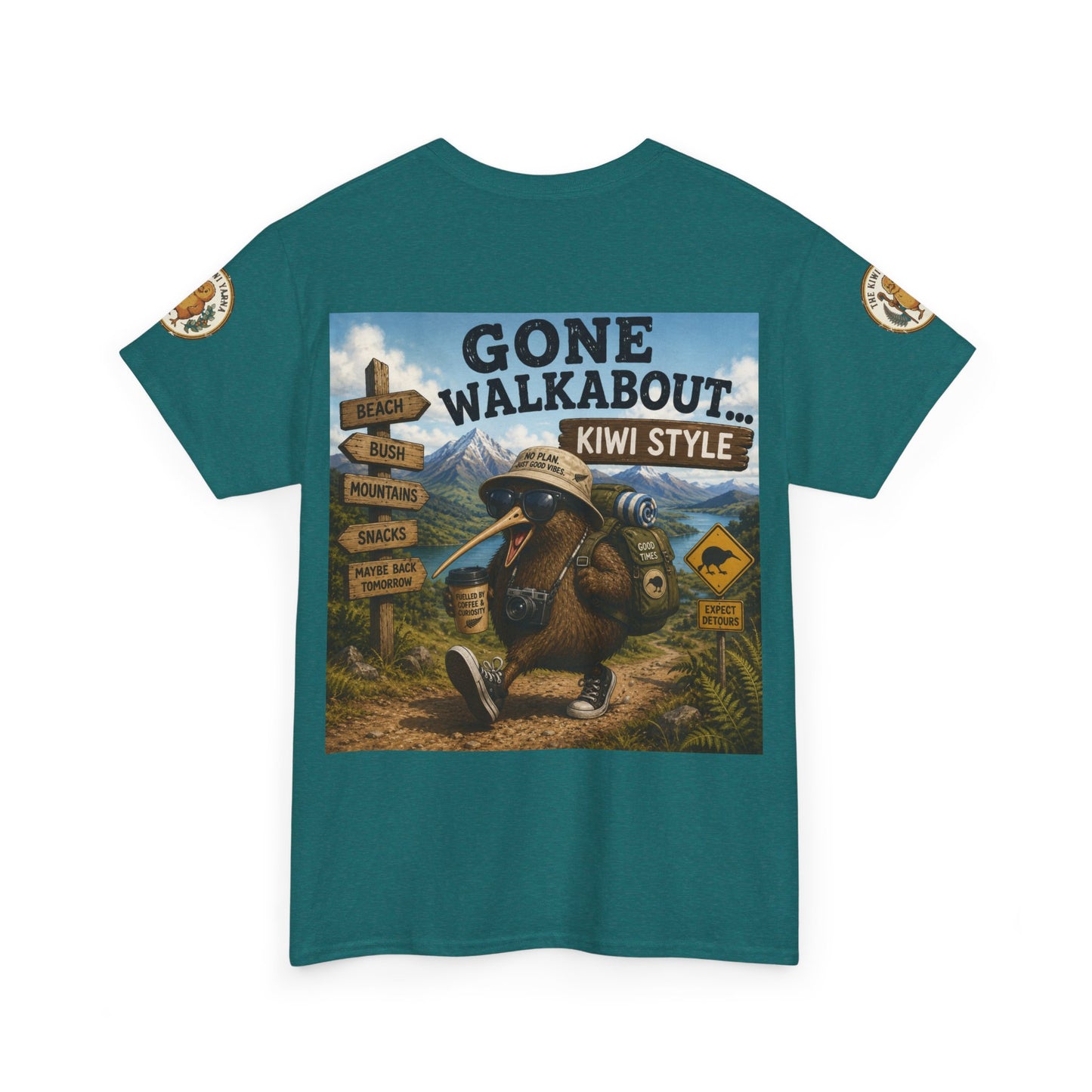Teal crew-neck T-shirt with adventure kiwi graphic and circular sleeve patches