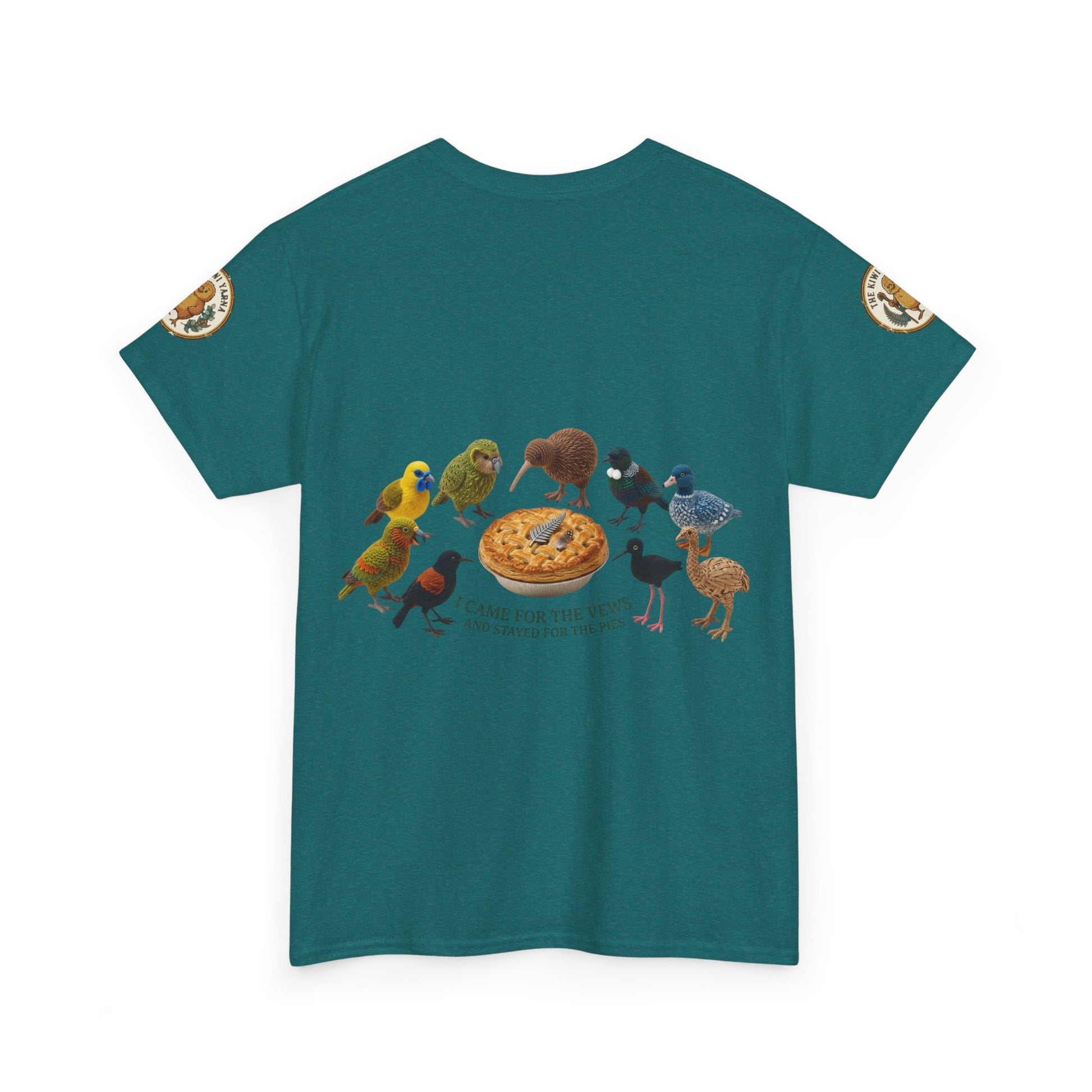 Teal graphic T-shirt with bird-and-pizza print at center front