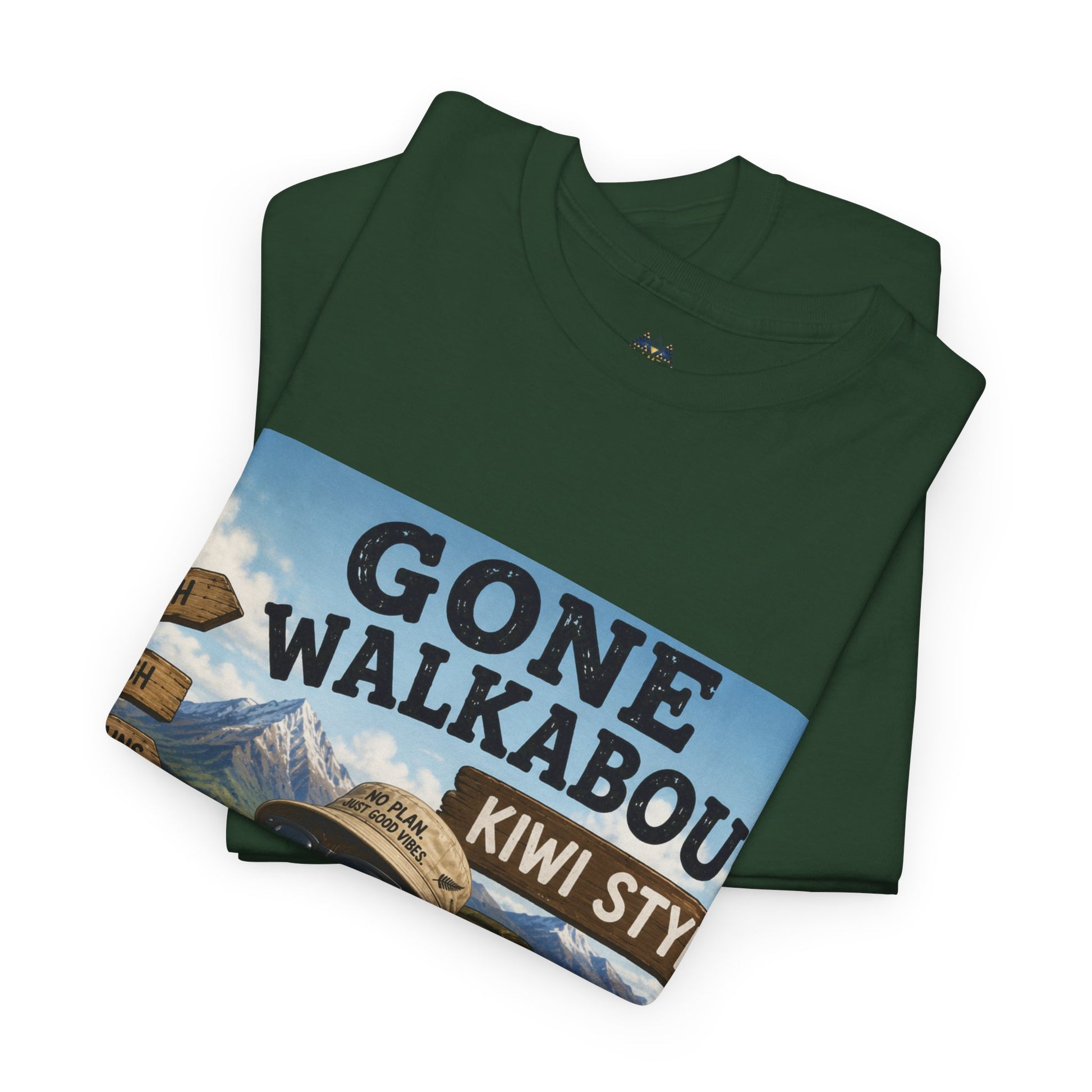 Forest green T-shirt with kiwi adventure front graphic, folded laydown