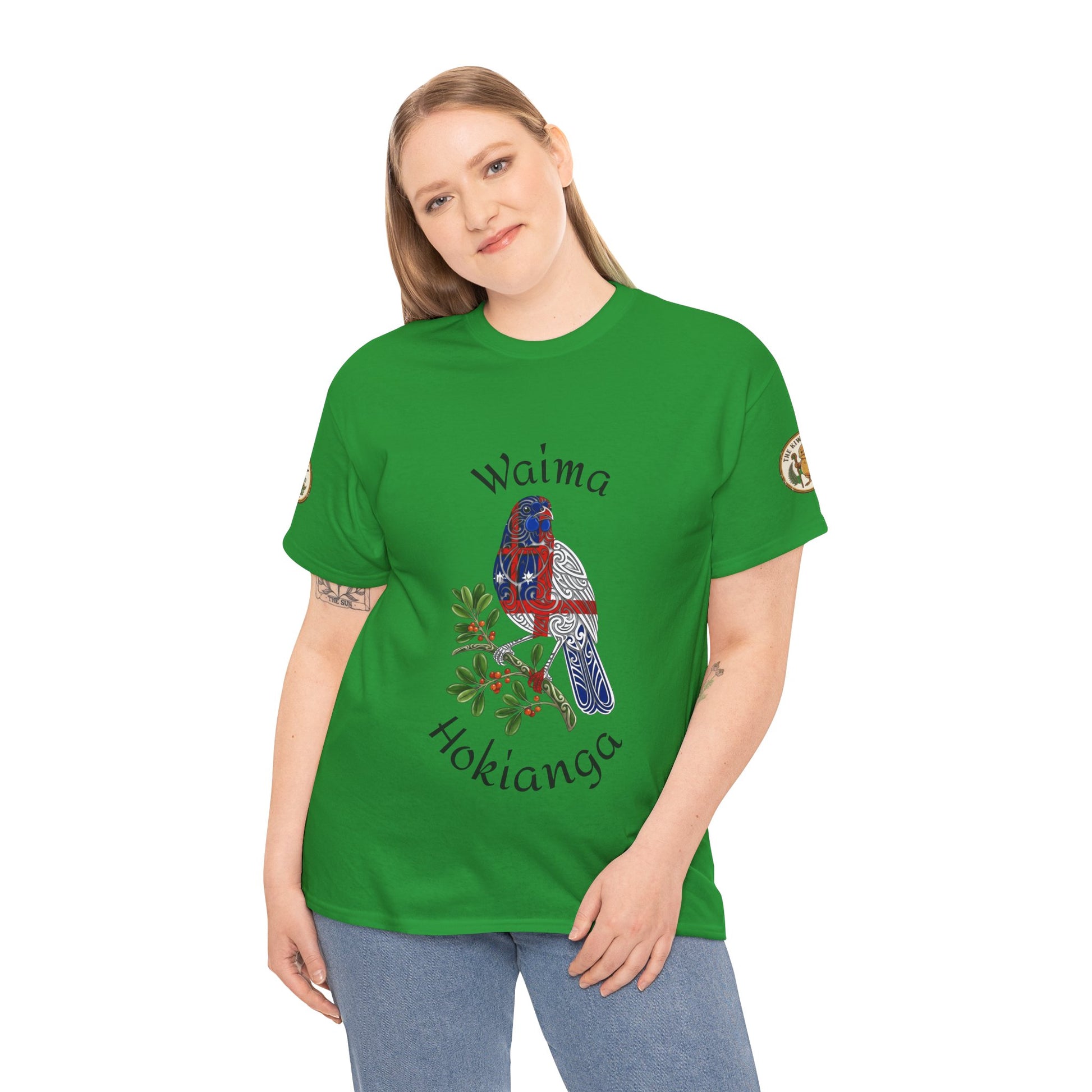 Green t-shirt worn by model with large bird front print and text