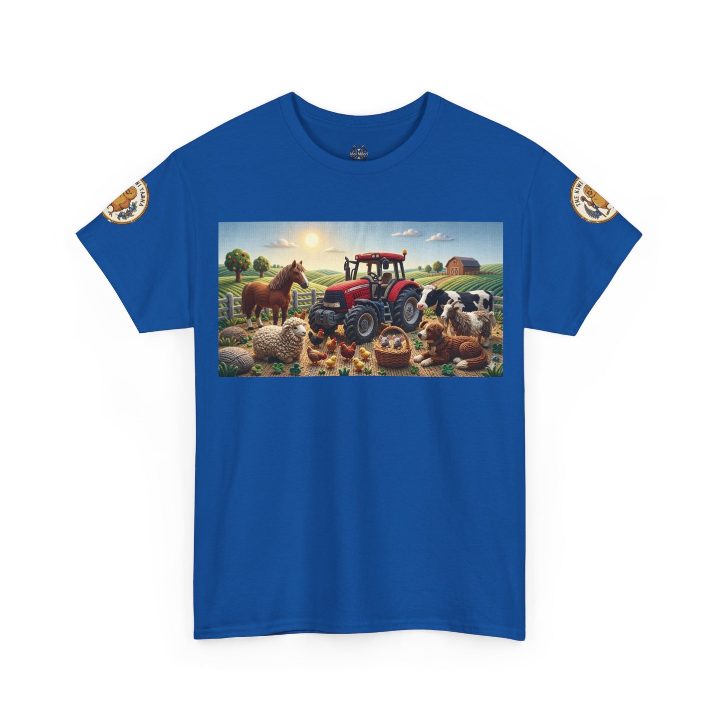Royal blue crewneck T-shirt with farm-themed rectangle graphic on front