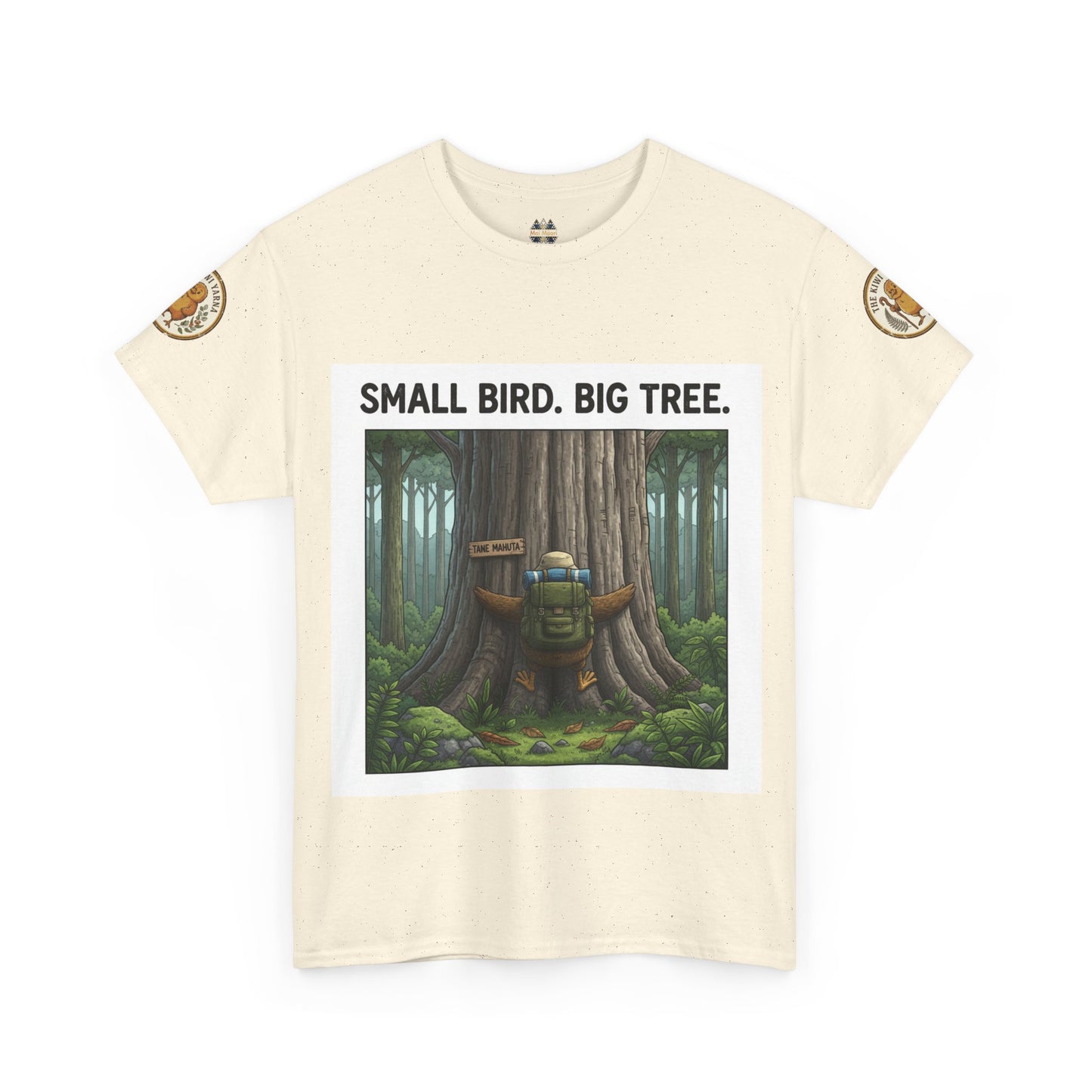 Cream graphic T-shirt with forest scene print, round neck, short sleeves
