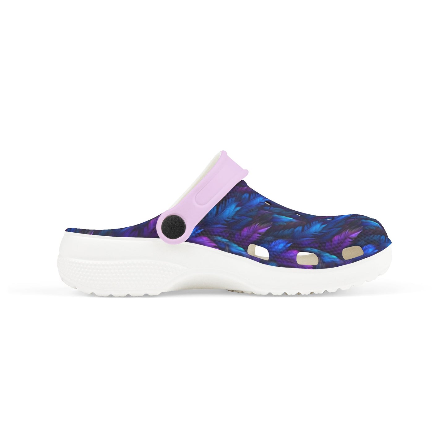 Slip-on clog with lavender upper and dark blue pattern, white outsole, side view