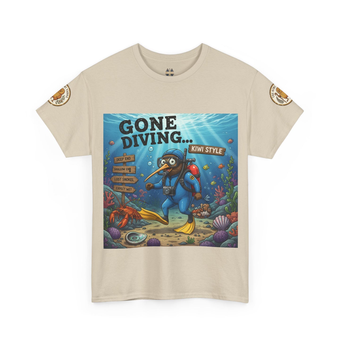 Beige crew-neck T-shirt with ocean diver graphic and round sleeve patches