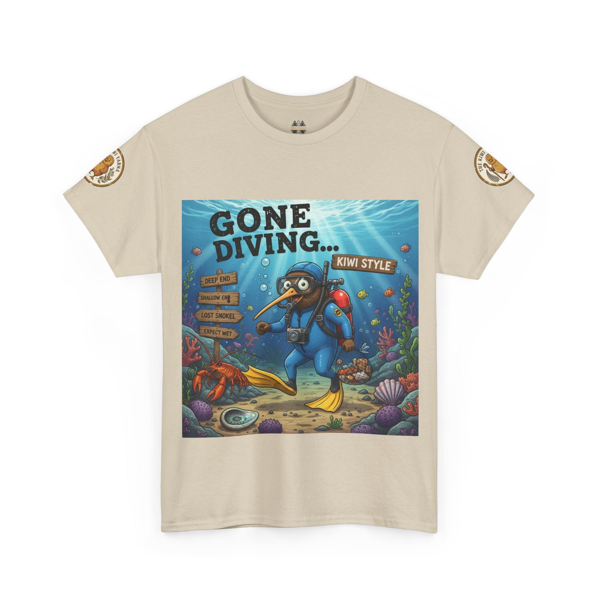 Beige crew-neck T-shirt with ocean diver graphic and round sleeve patches