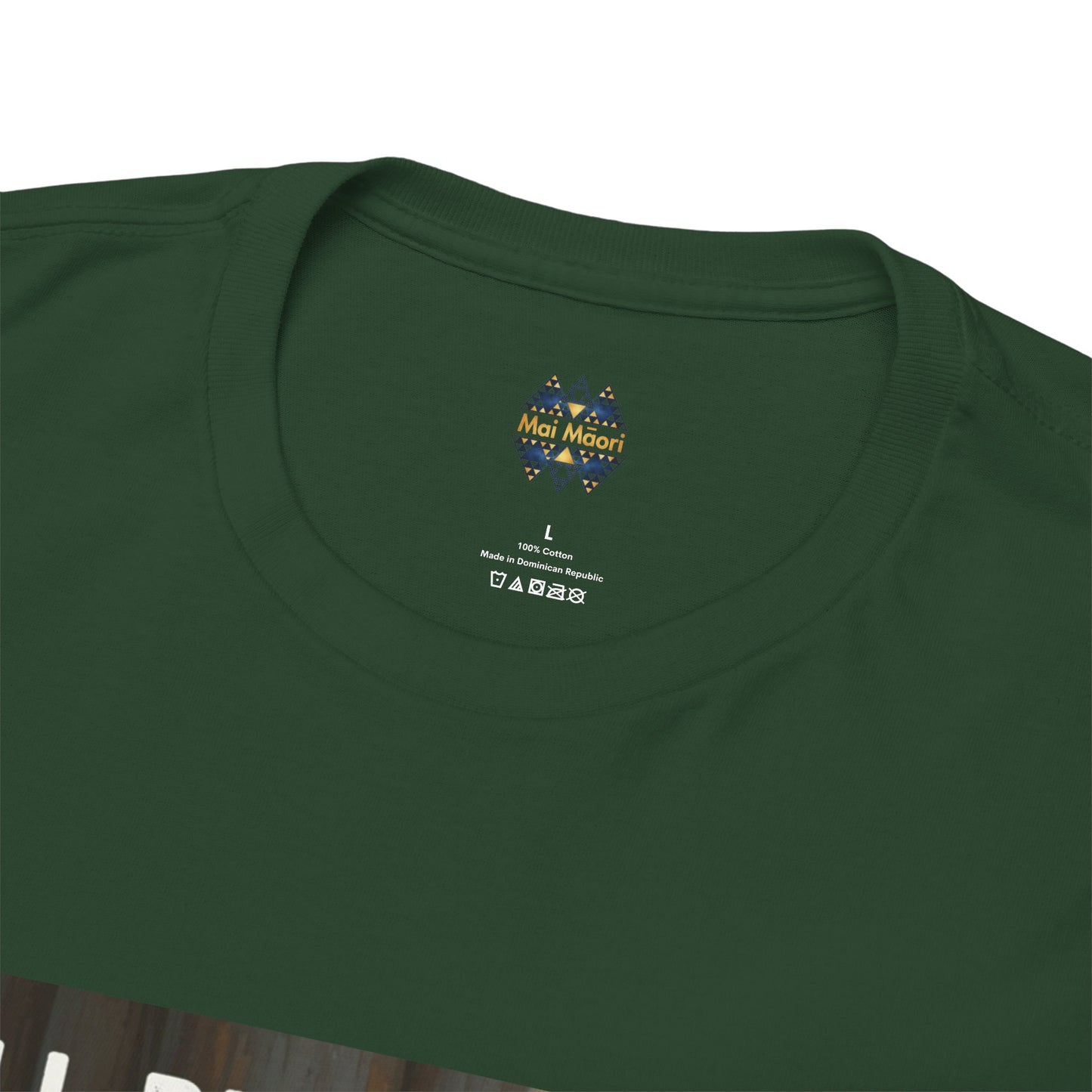Dark green t-shirt neckline with small chest logo and brand label