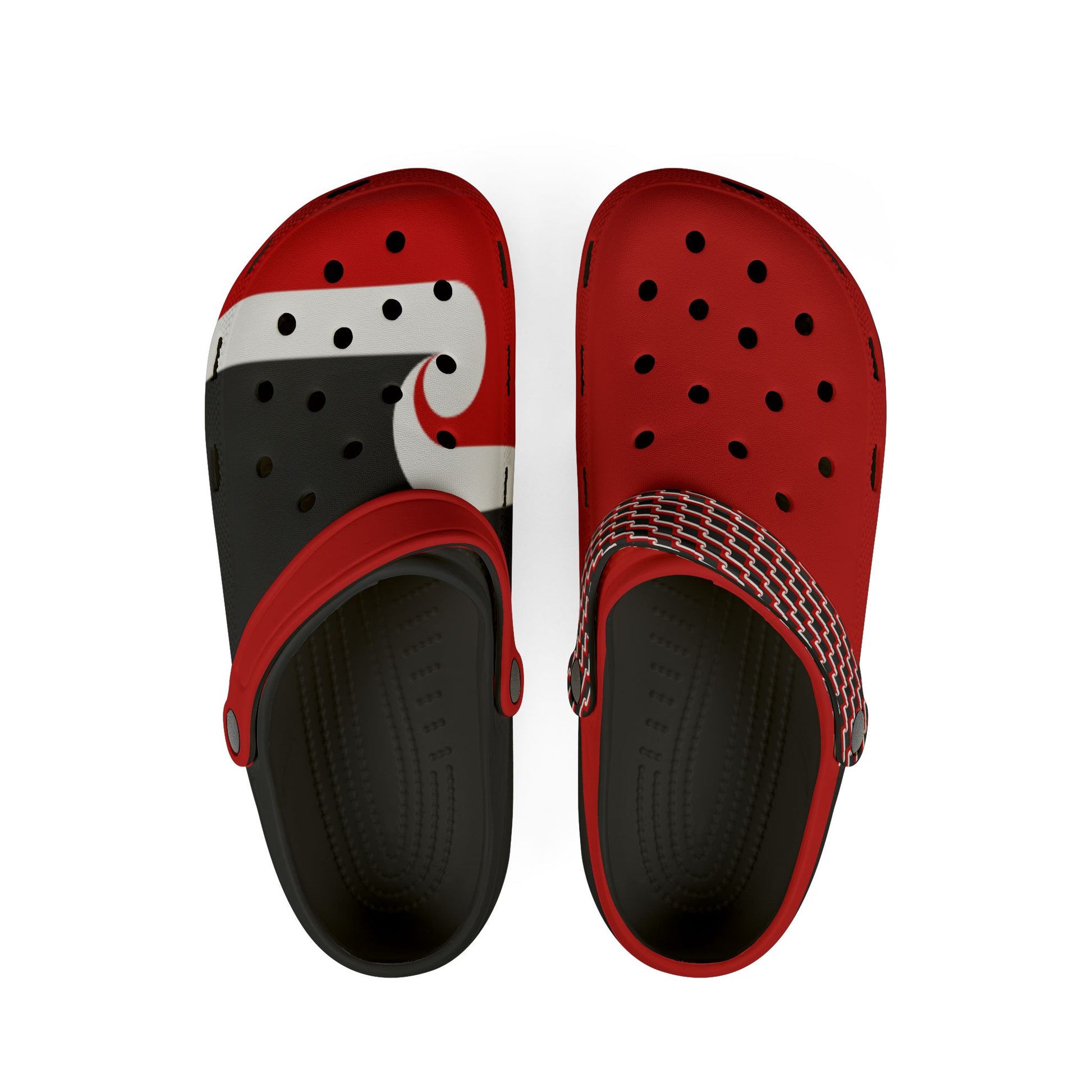 Tino clogs pair, red upper with black speckle dots, white midsole, side lugs