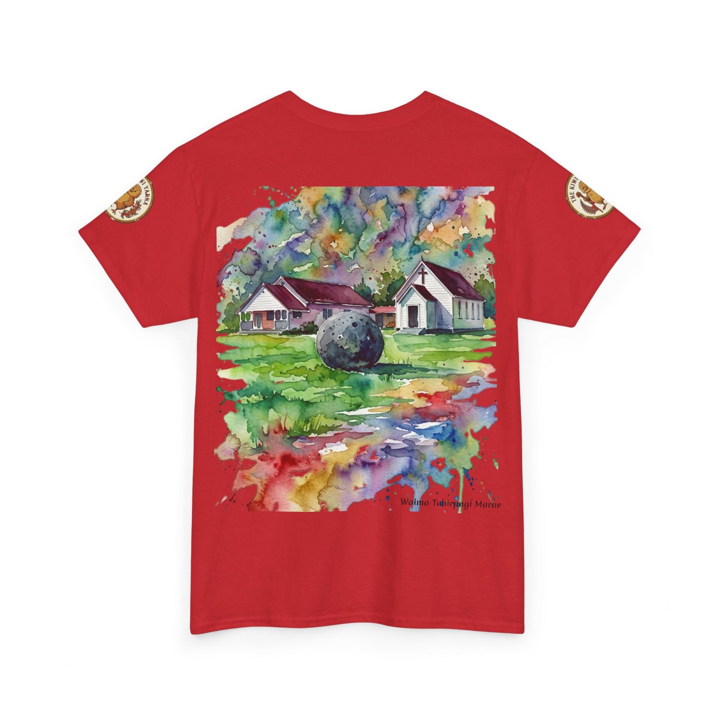 Red T-shirt with watercolor-style church landscape graphic and sleeve emblems