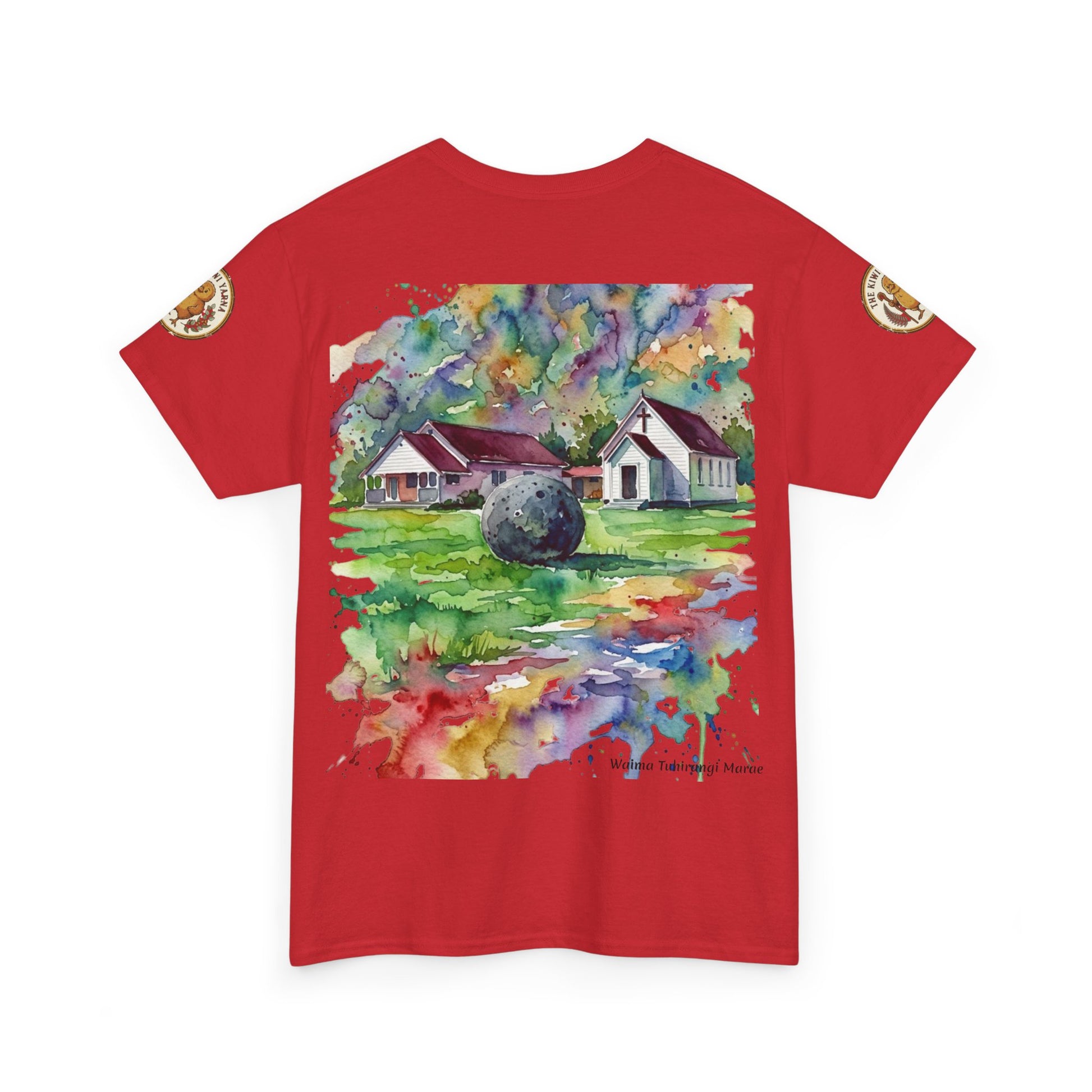 Red T-shirt with watercolor-style church landscape graphic and sleeve emblems