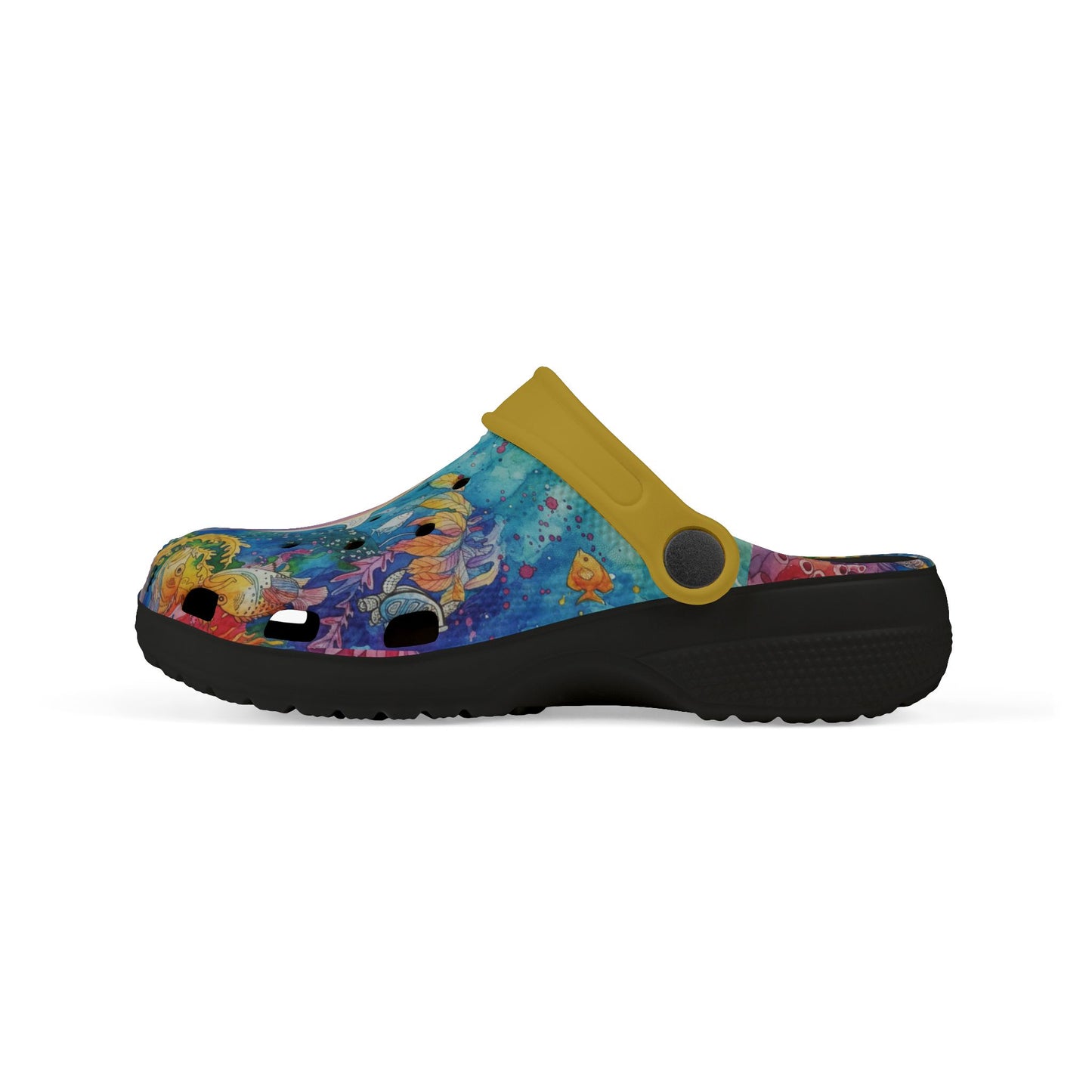 Kids casual clog shoes with blue ocean print upper, black sole, yellow adjustable strap