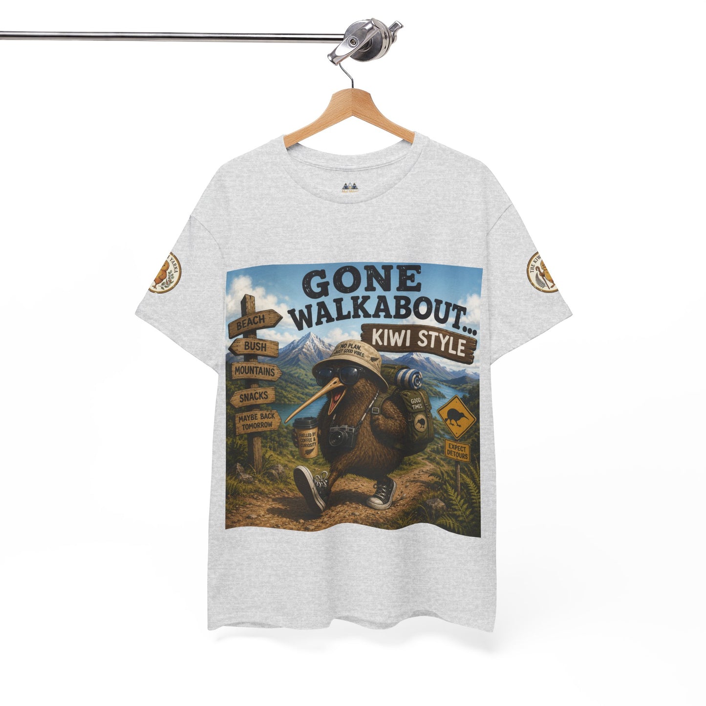 Heather grey short-sleeve T-shirt with front kiwi graphic and “Gone Walkabout” text