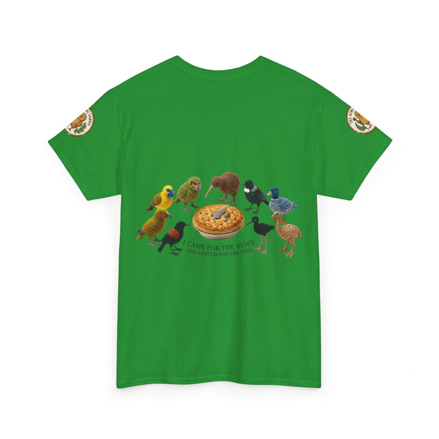 Green graphic T-shirt with bird-and-pizza print at center front