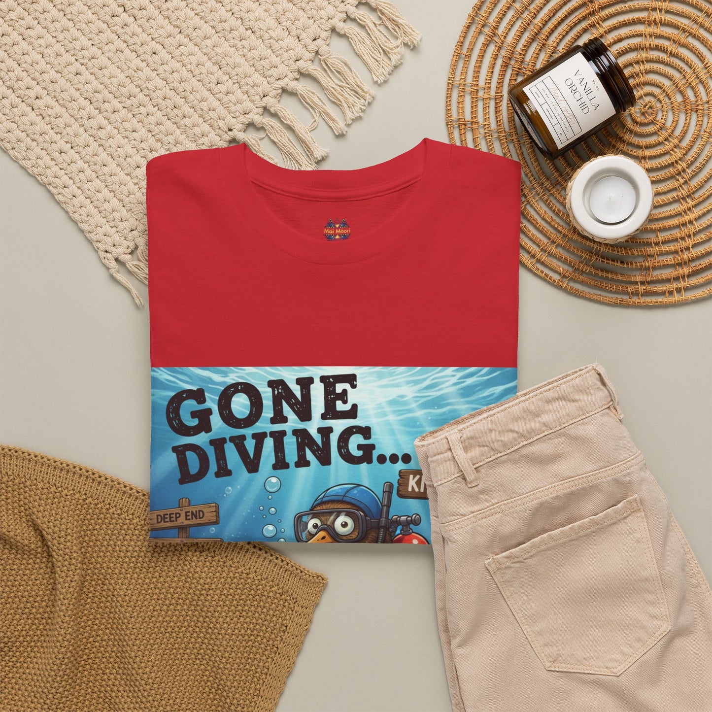 Red graphic crew-neck T-shirt with ocean diver “Gone Diving” front print panel