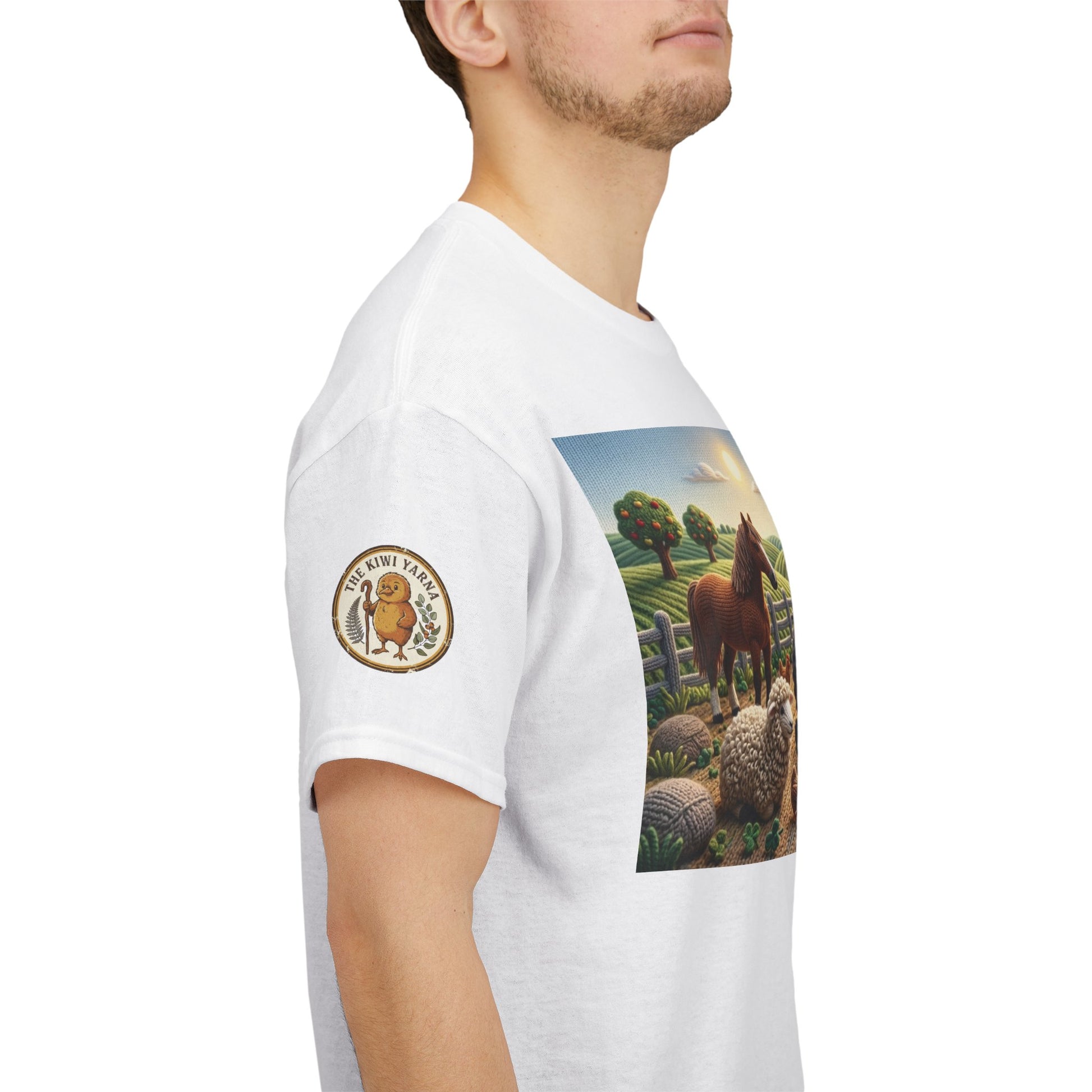 White graphic farm scene T-shirt with emblem patch on sleeve