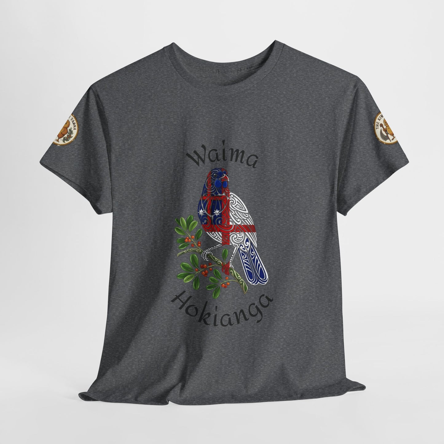 Gray heather T-shirt on hanger with colorful bird, foliage, and Waima Hokianga text