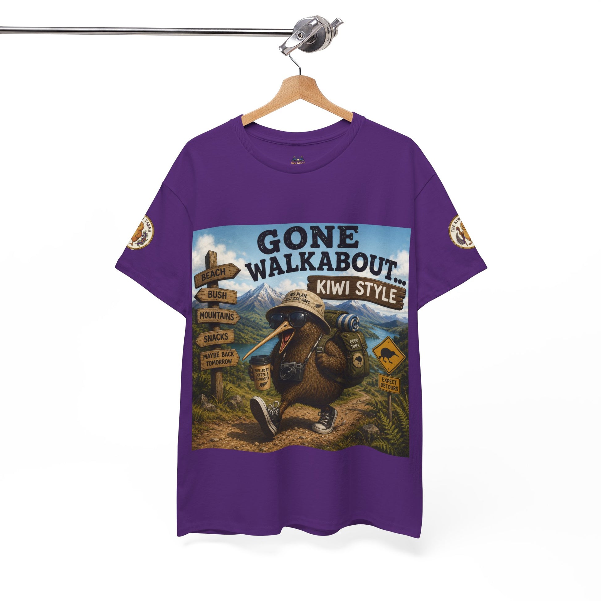 Purple crew-neck short-sleeve T-shirt with front Gone Walkabout graphic and sleeve patches.
