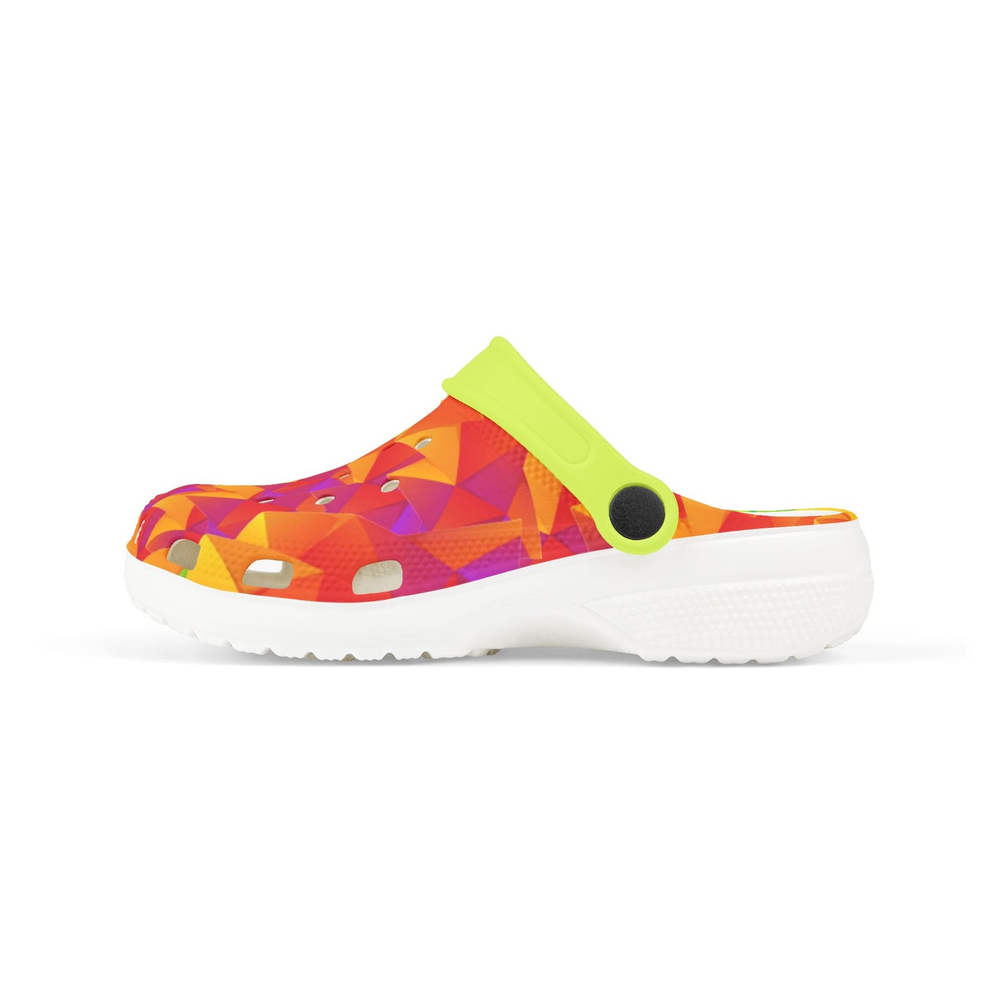 Ahi multicolor red/orange clog with lime accent and white sole, side view