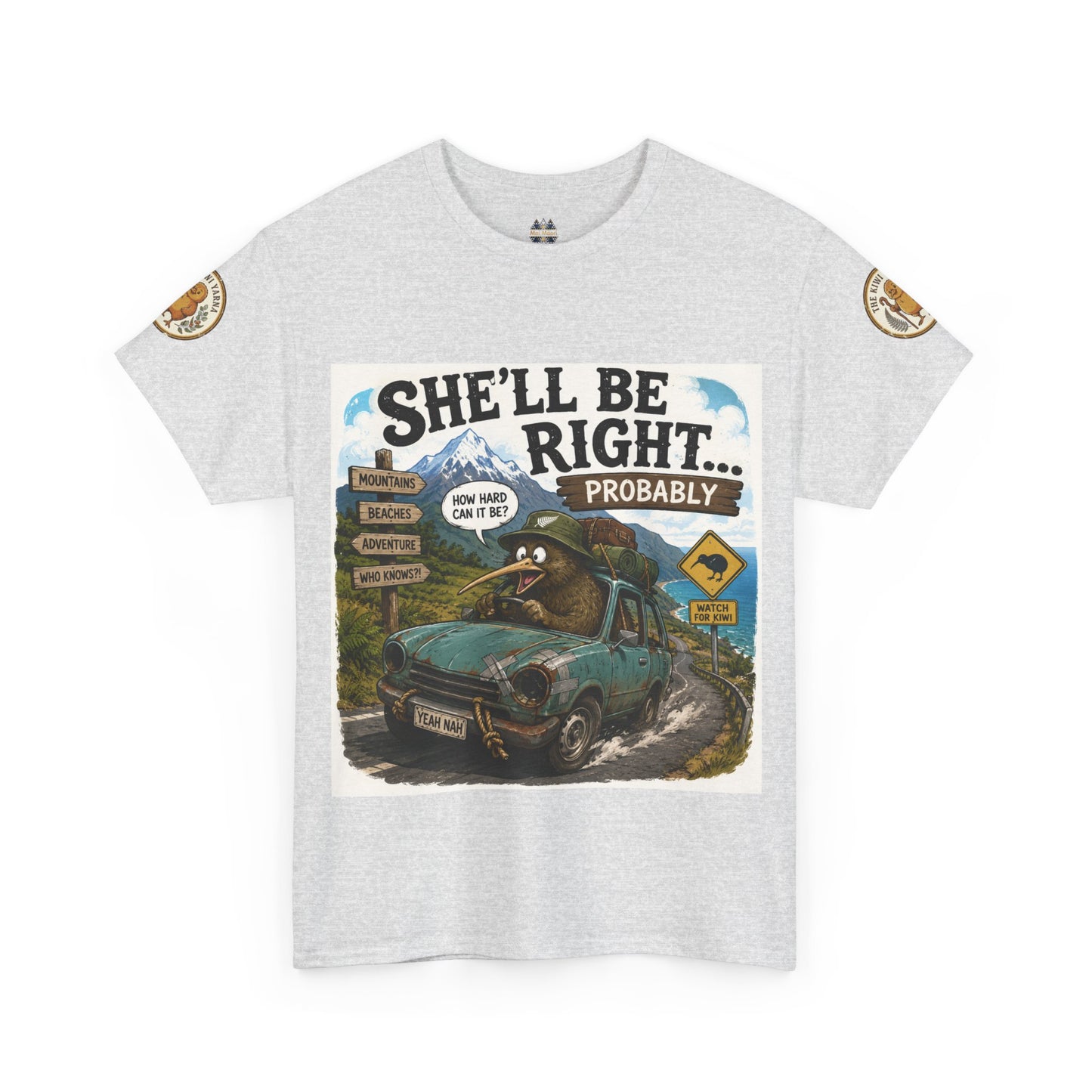 Light gray graphic T-shirt with front print and round sleeve logo patches.
