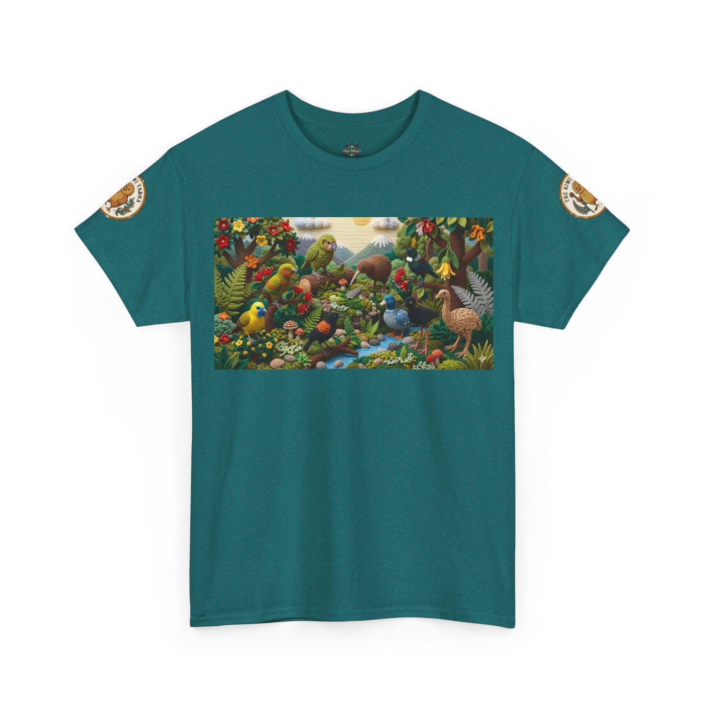 Teal graphic T-shirt with birds-and-flowers rectangular front print and small sleeve badges