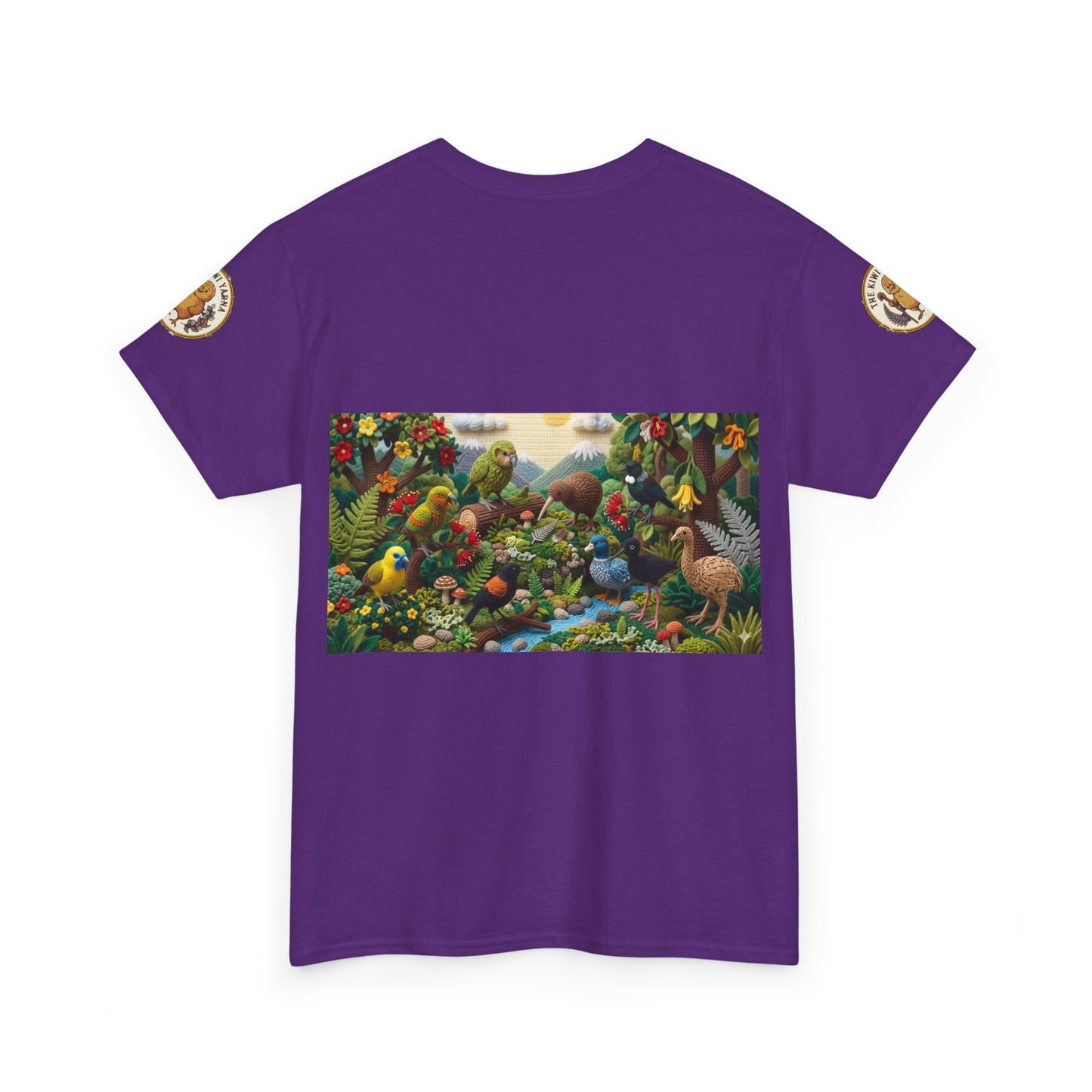 Purple graphic T-shirt with rectangular bird scene panel and sleeve logo patches