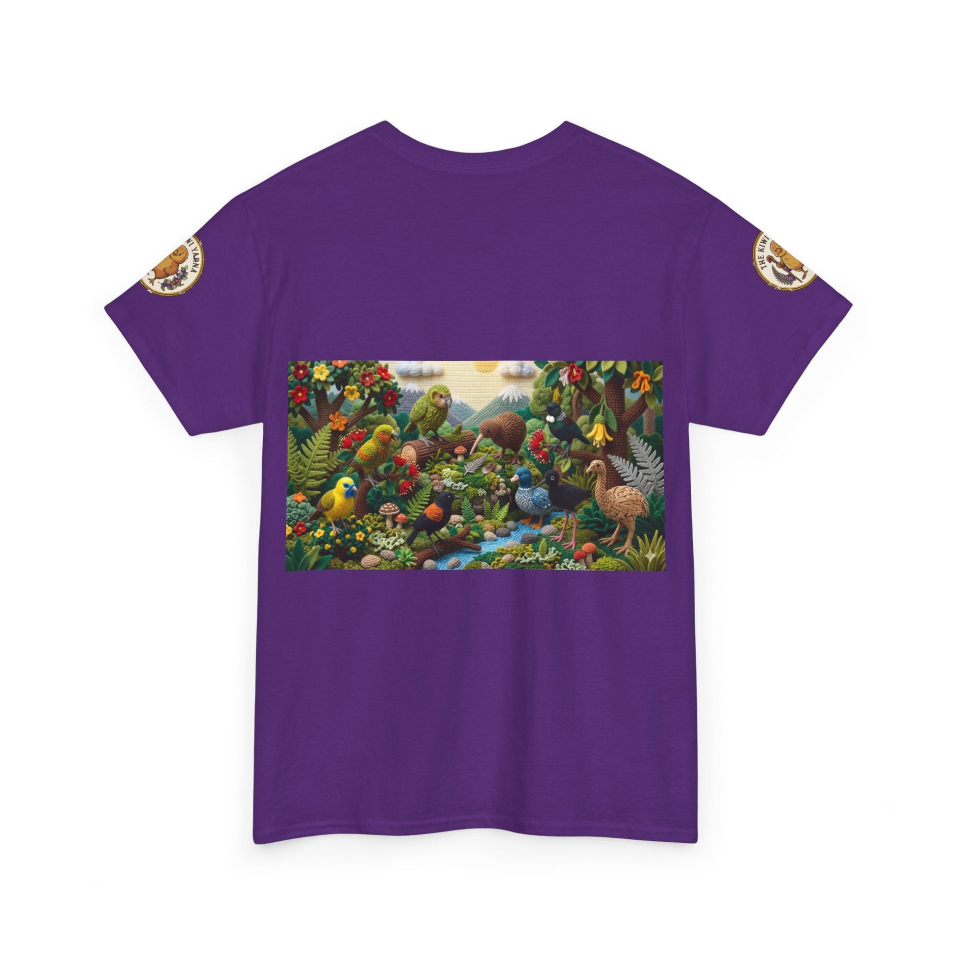 Purple graphic T-shirt with rectangular bird scene panel and sleeve logo patches