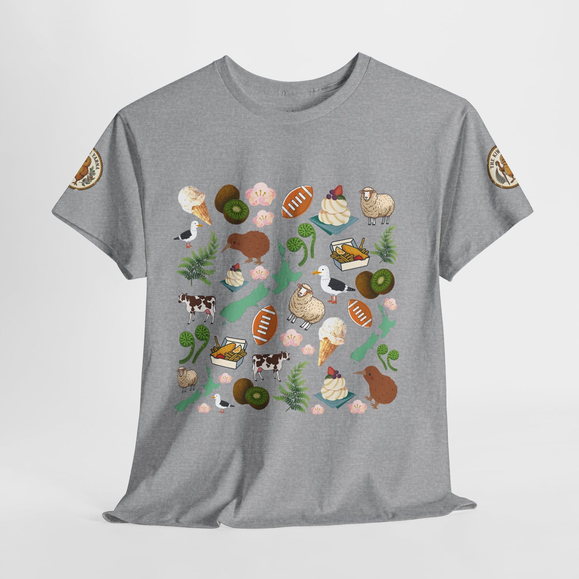 Heather grey short-sleeve T-shirt featuring a full front Kiwiana native foods collage.