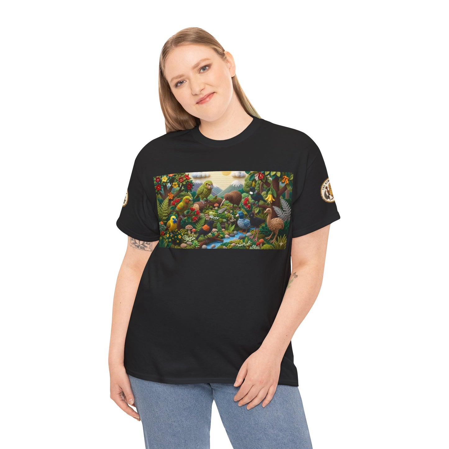 Black graphic T-shirt worn by model, nature birds and flowers print panel on chest