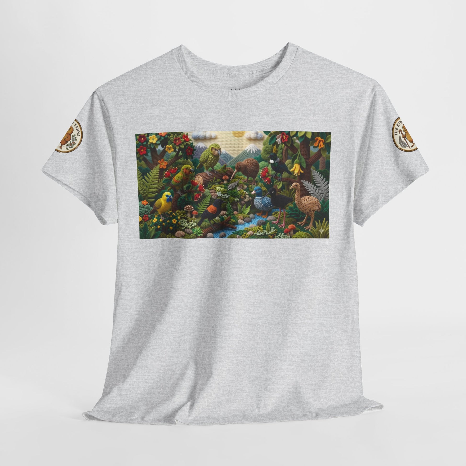 Heather gray graphic T-shirt with rectangular wildlife scene print on chest